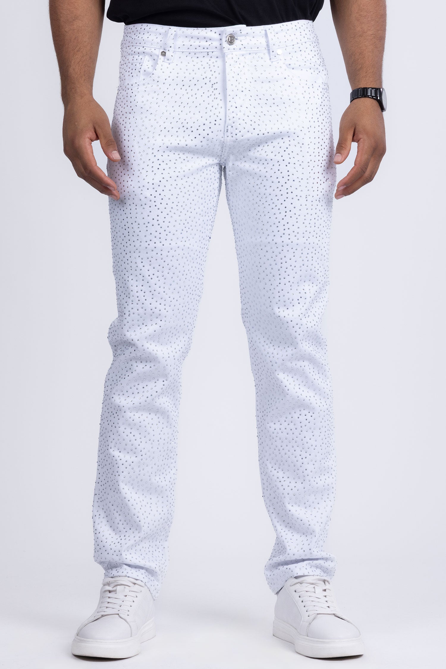 Barabas Men's Rhinestone Ripped Denim Stretch Jeans 5JES03 White