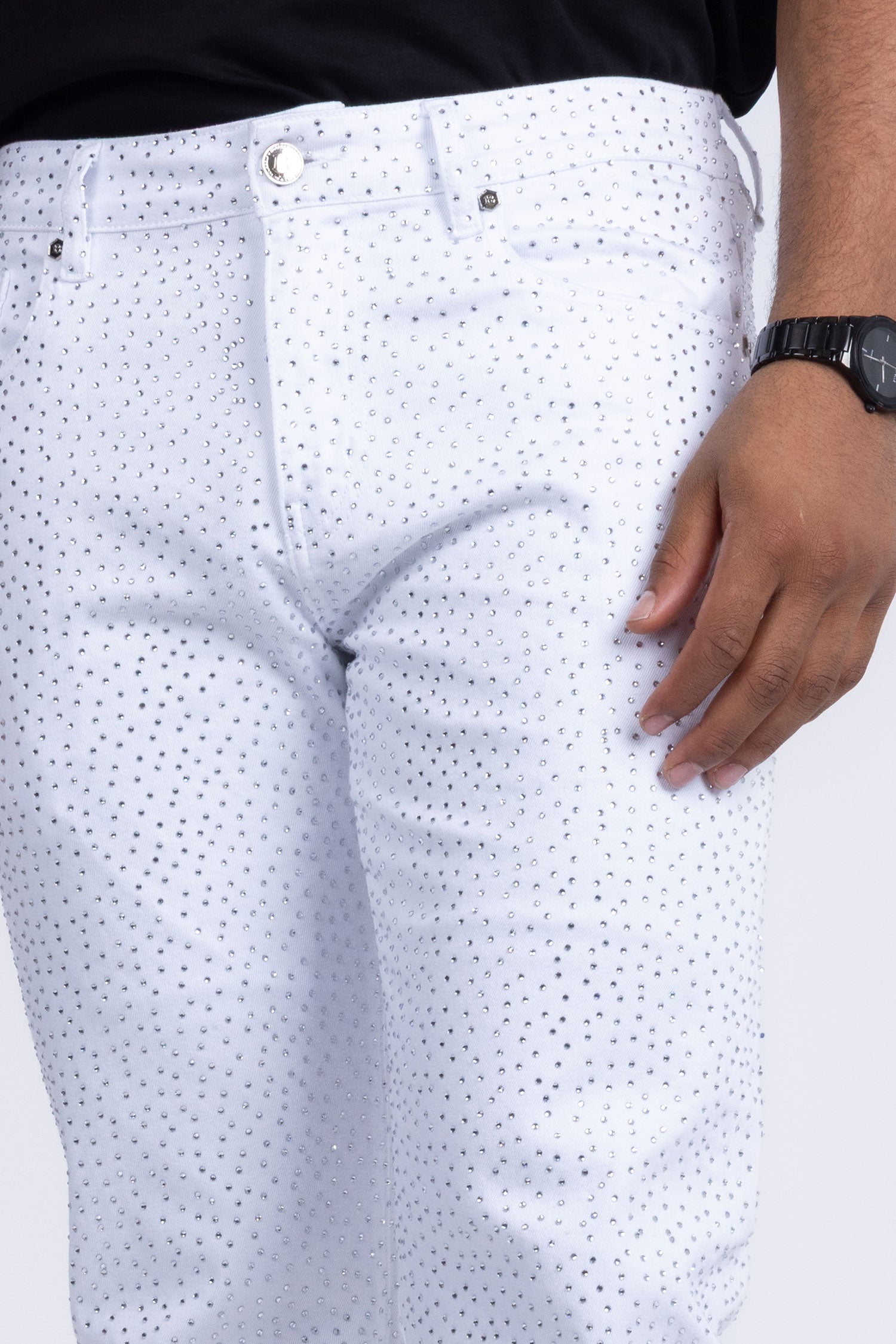 Barabas Men's Rhinestone Ripped Denim Stretch Jeans 5JES03 White Silver