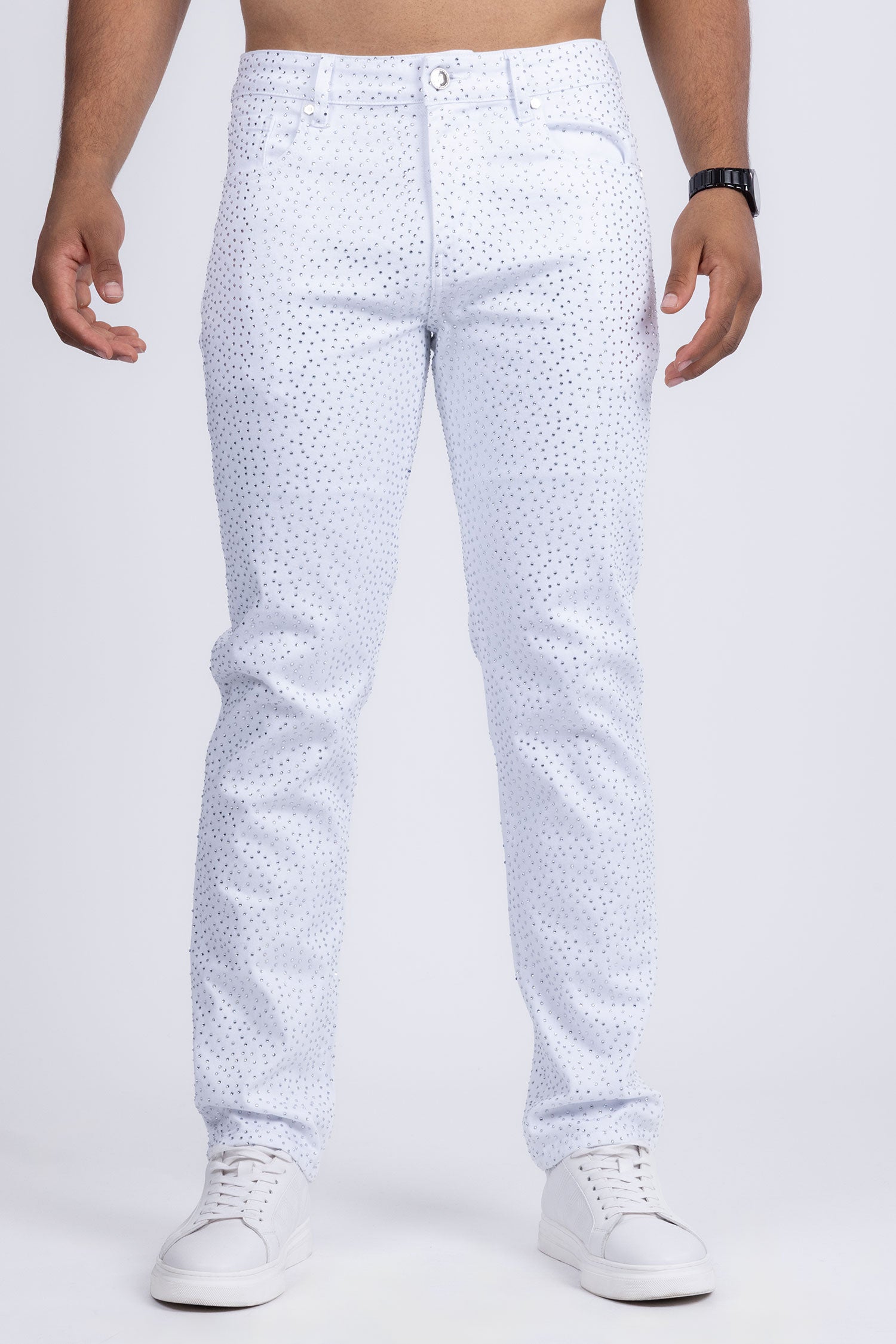 Barabas Men's Rhinestone Ripped Denim Stretch Jeans 5JES03 White