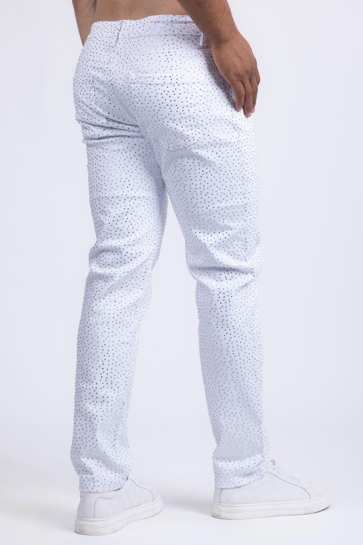 Barabas Men's Rhinestone Ripped Denim Stretch Jeans 5JES03 White Silver