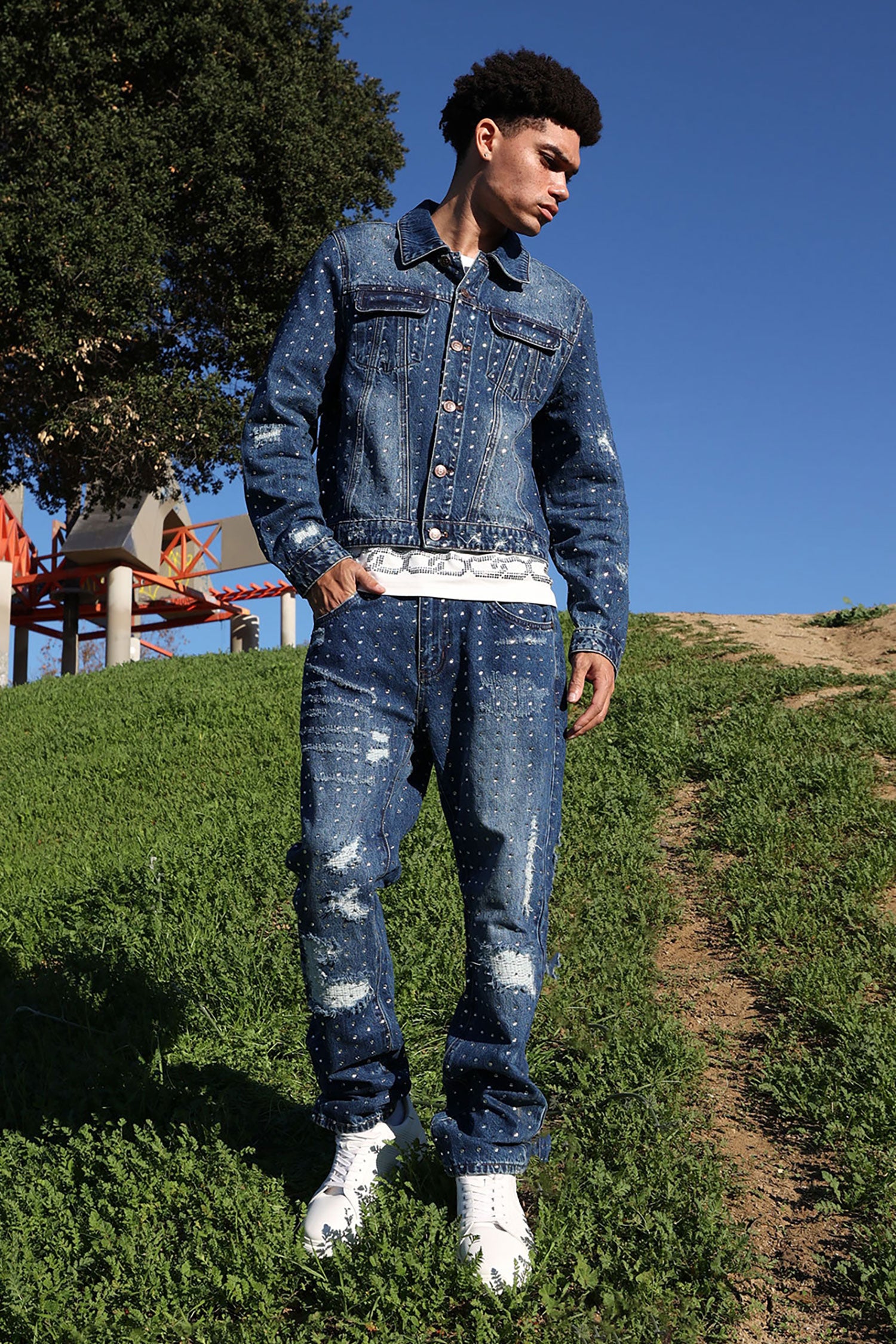 Barabas Men's Rhinestone Denim Casual Washed Jeans 5JES01 Blue