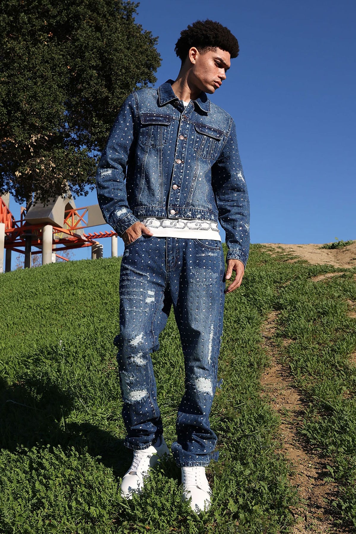 Barabas Men's Rhinestone Denim Casual Washed Jeans 5JES01 Blue