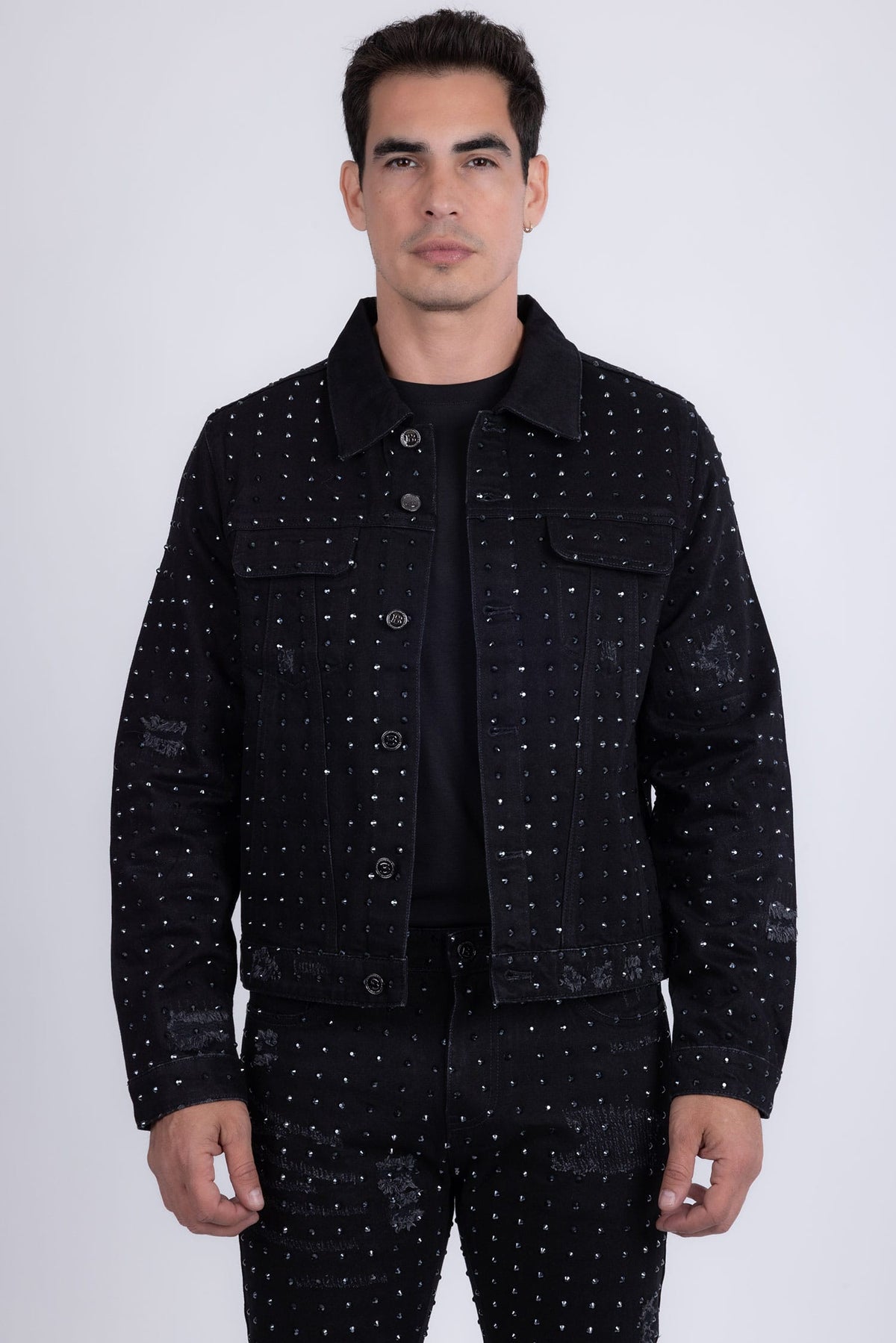 Barabas Men's Rhinestone Denim Casual Ripped Luxury Jacket 5JVS01 Black