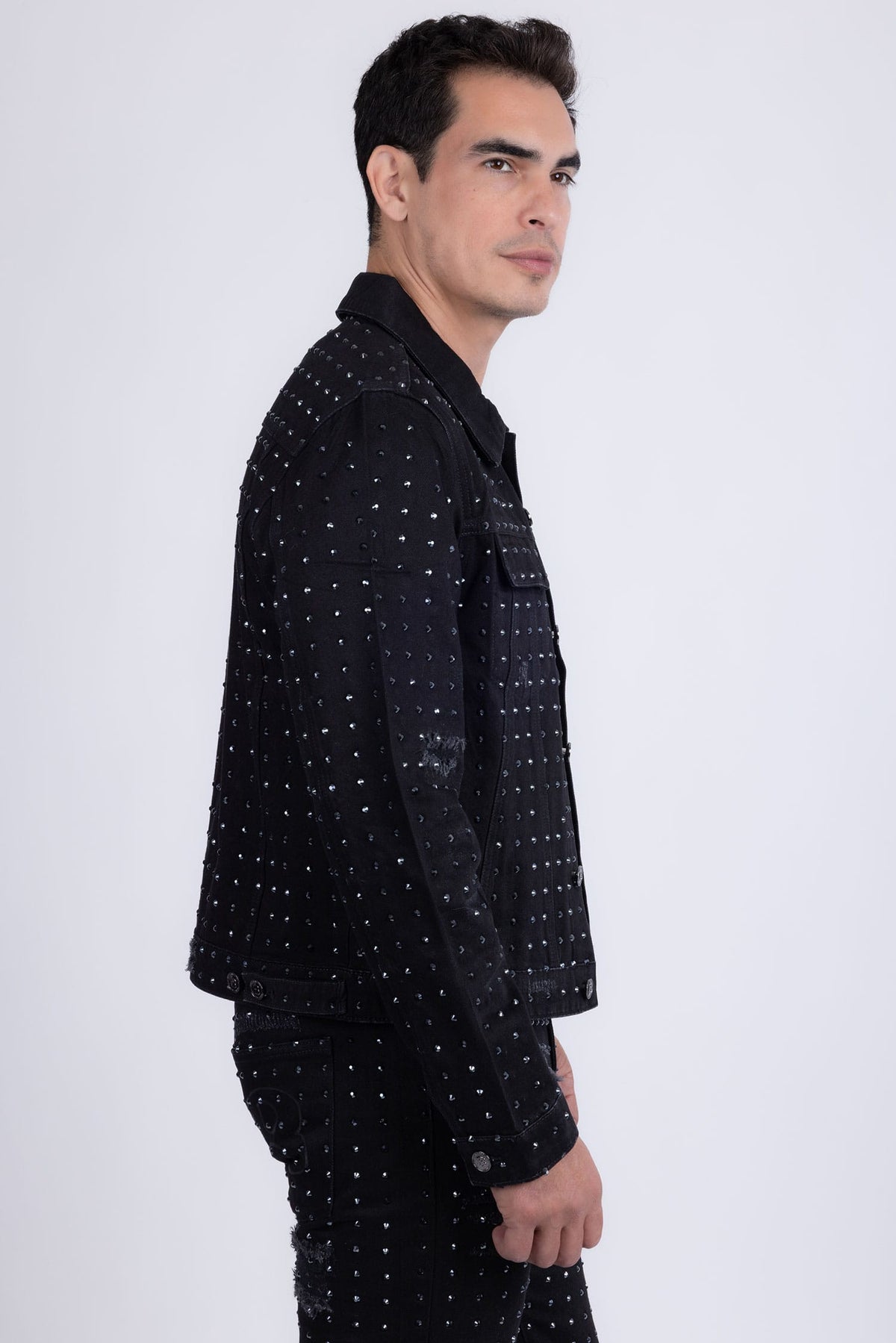 Barabas Men's Rhinestone Denim Casual Ripped Luxury Jacket 5JVS01 Black
