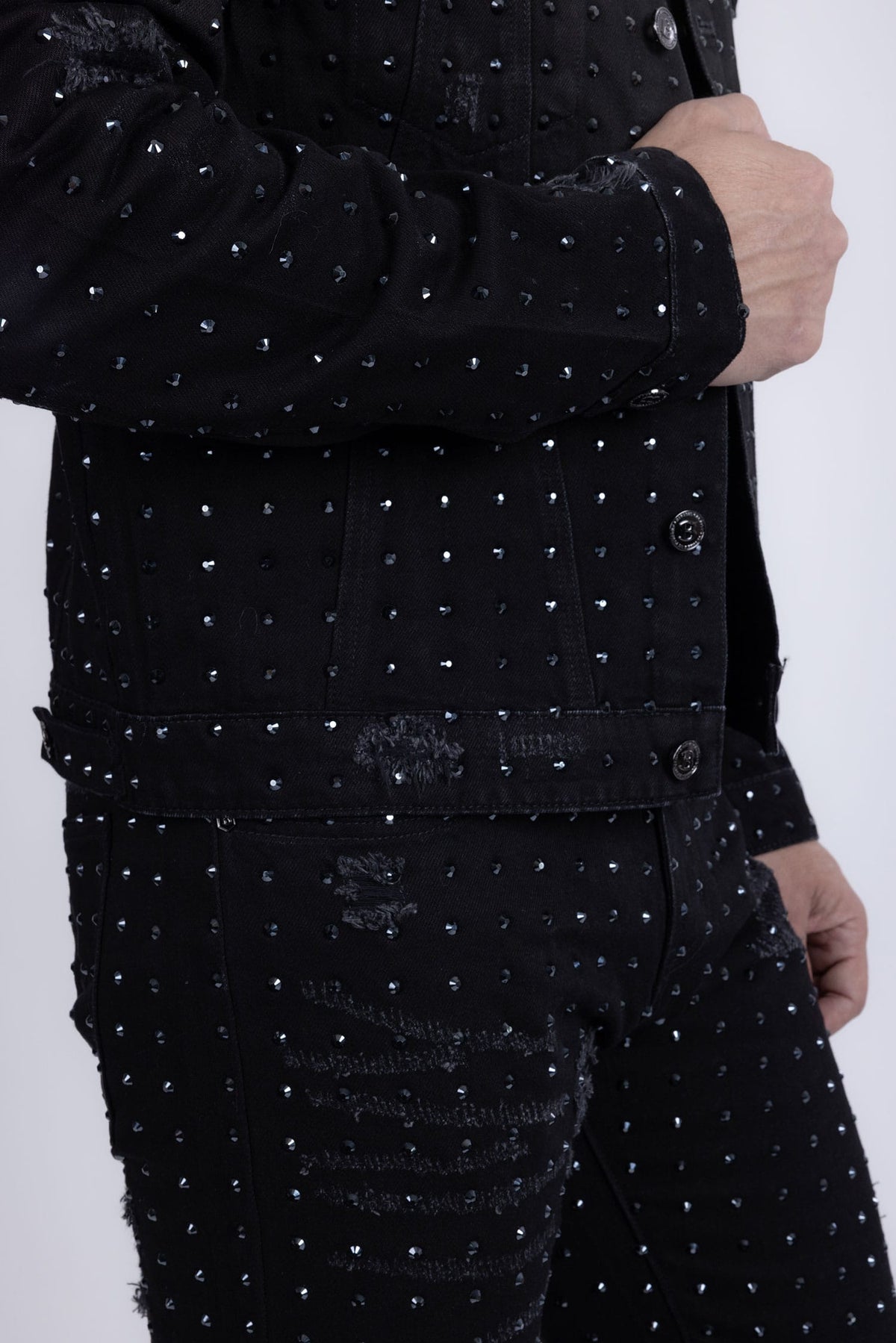 Barabas Men's Rhinestone Denim Casual Ripped Luxury Jacket 5JVS01 Black
