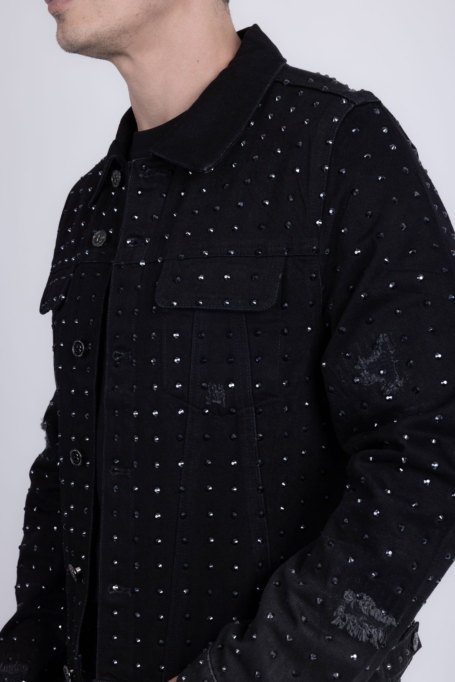 Barabas Men's Rhinestone Denim Casual Ripped Luxury Jacket 5JVS01 Black