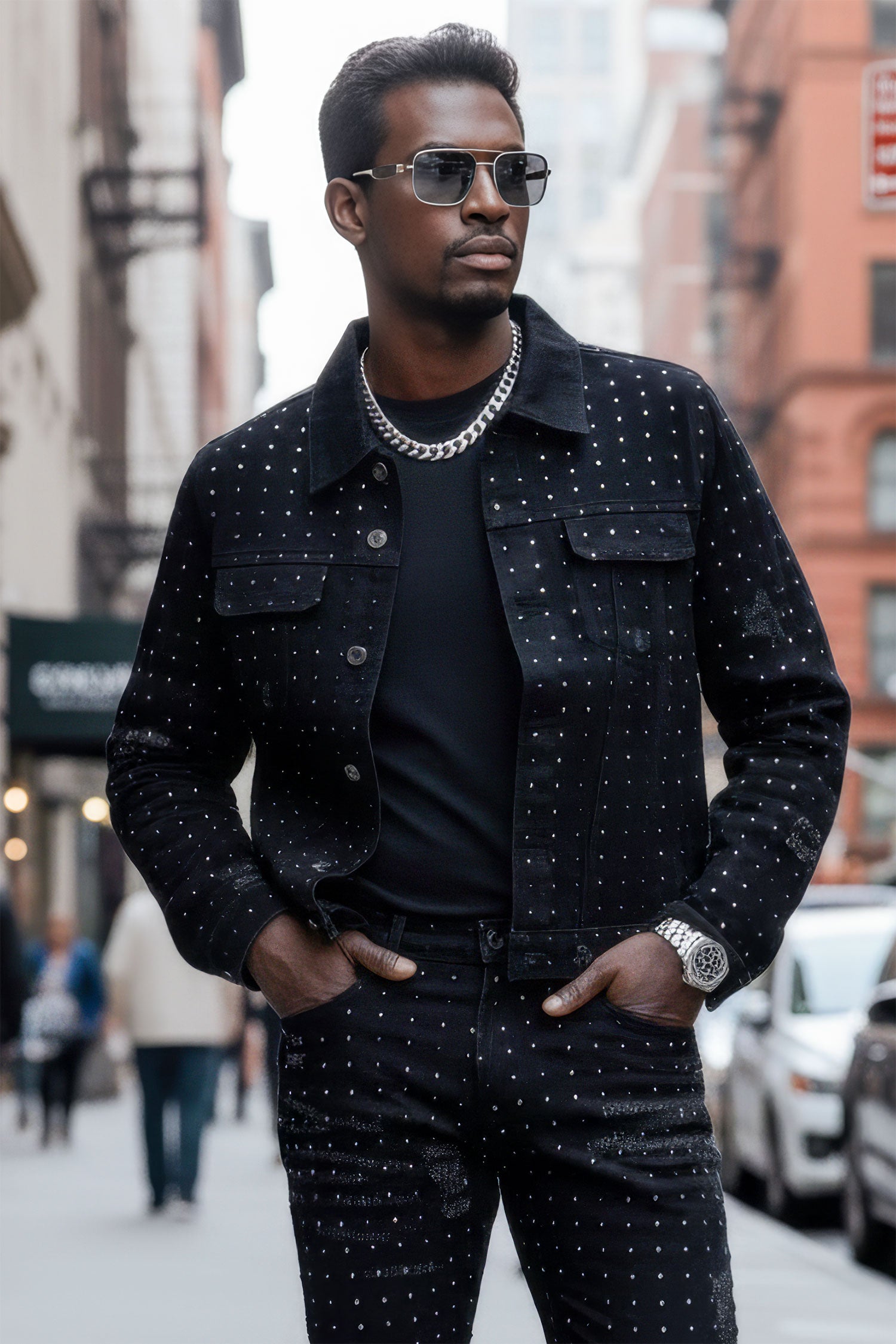 Barabas Men's Rhinestone Denim Casual Ripped Luxury Jacket 5JVS01 Black