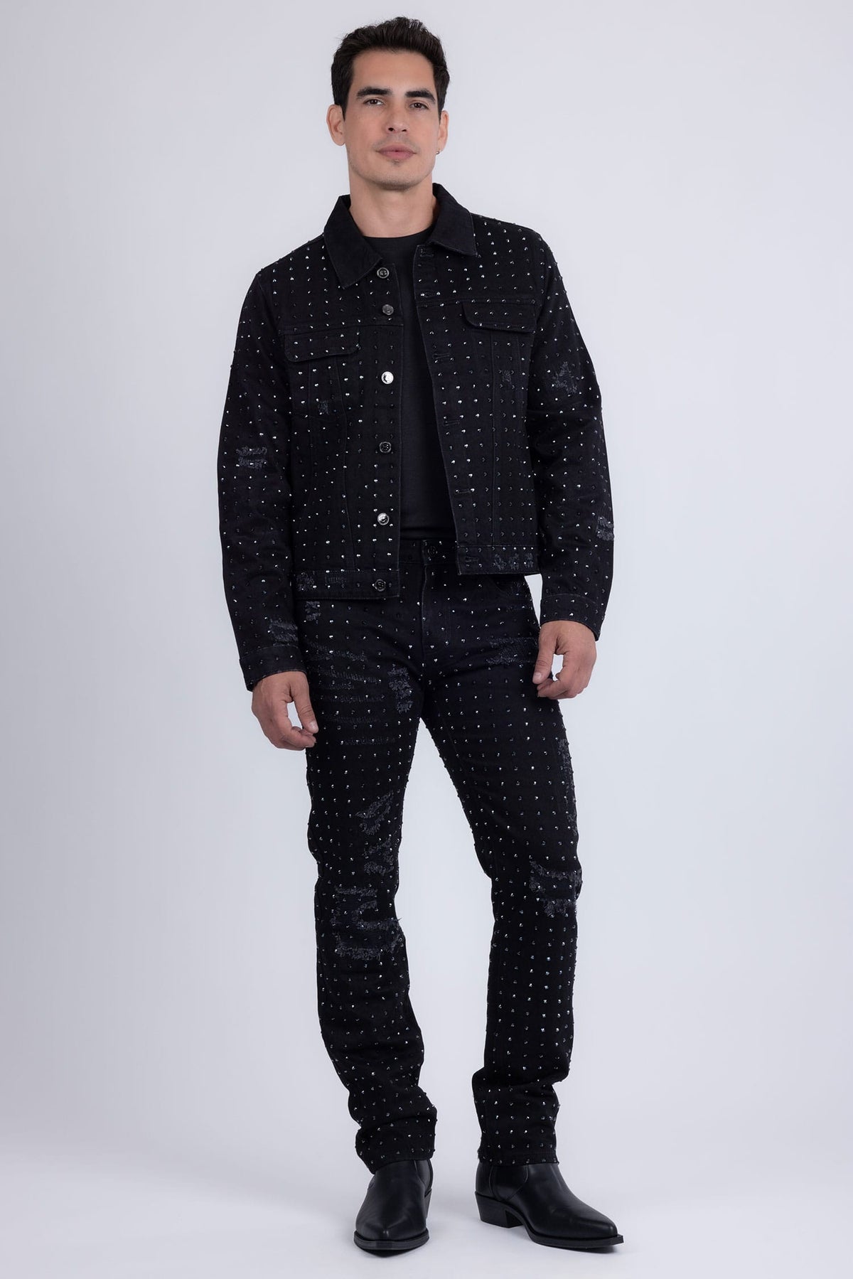 Barabas Men's Rhinestone Denim Casual Ripped Luxury Jacket 5JVS01 Black