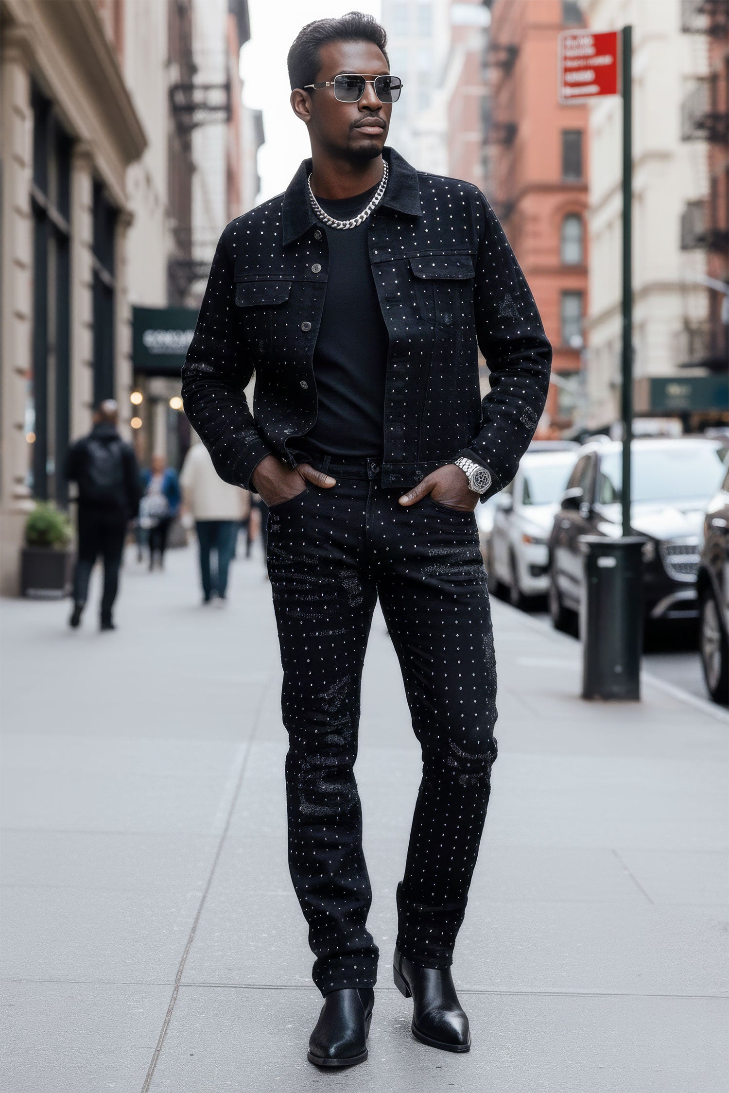 Barabas Men's Rhinestone Denim Casual Ripped Luxury Jacket 5JVS01 Black