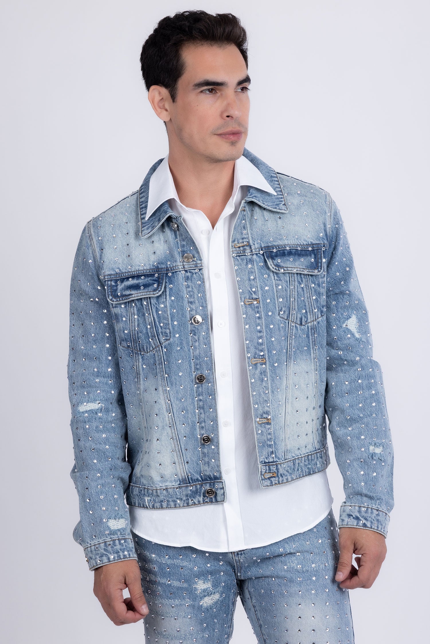 Barabas Men's Rhinestone Denim Casual Ripped Luxury Jacket 5JVS01 Light Blue