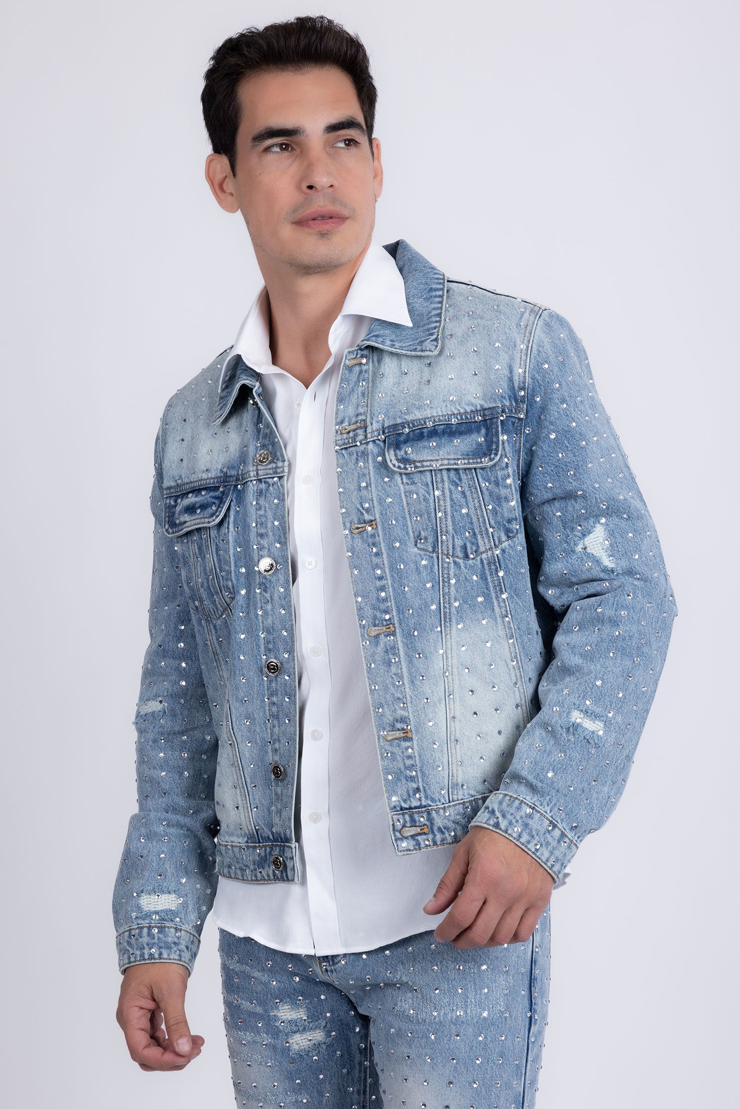 Barabas Men's Rhinestone Denim Casual Ripped Luxury Jacket 5JVS01 Light Blue