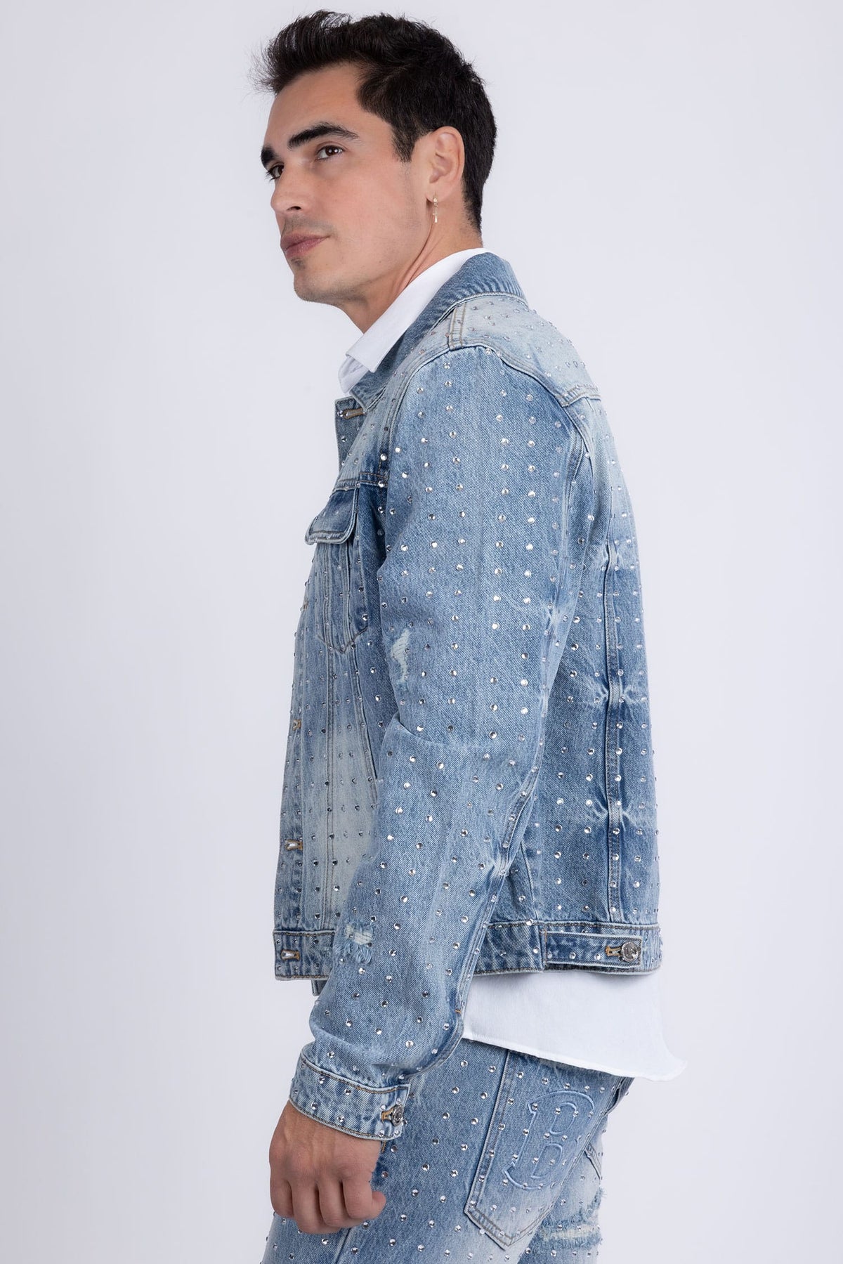Barabas Men's Rhinestone Denim Casual Ripped Luxury Jacket 5JVS01 Light Blue
