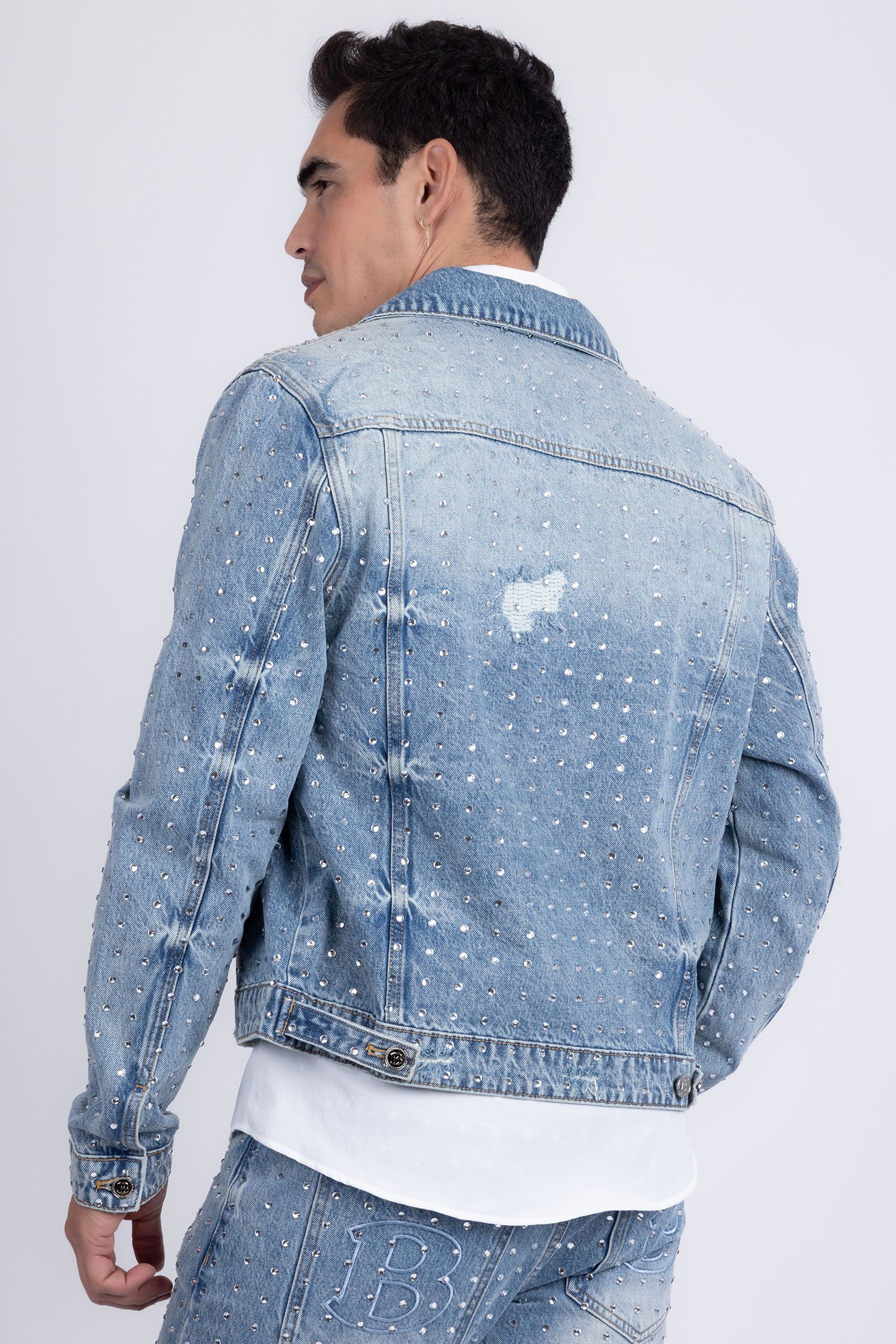 Barabas Men's Rhinestone Denim Casual Ripped Luxury Jacket 5JVS01 Light Blue