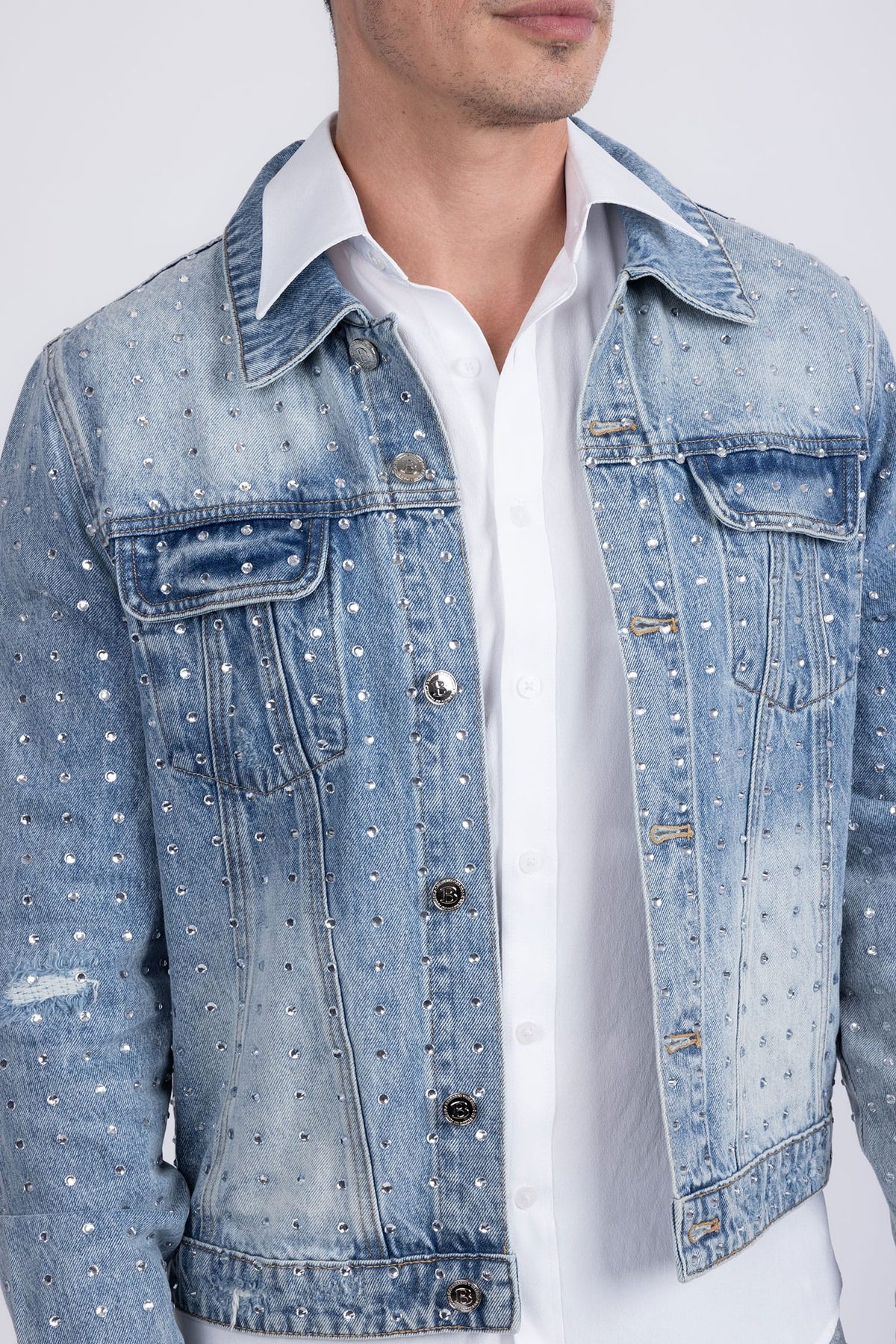 Barabas Men's Rhinestone Denim Casual Ripped Luxury Jacket 5JVS01 Light Blue