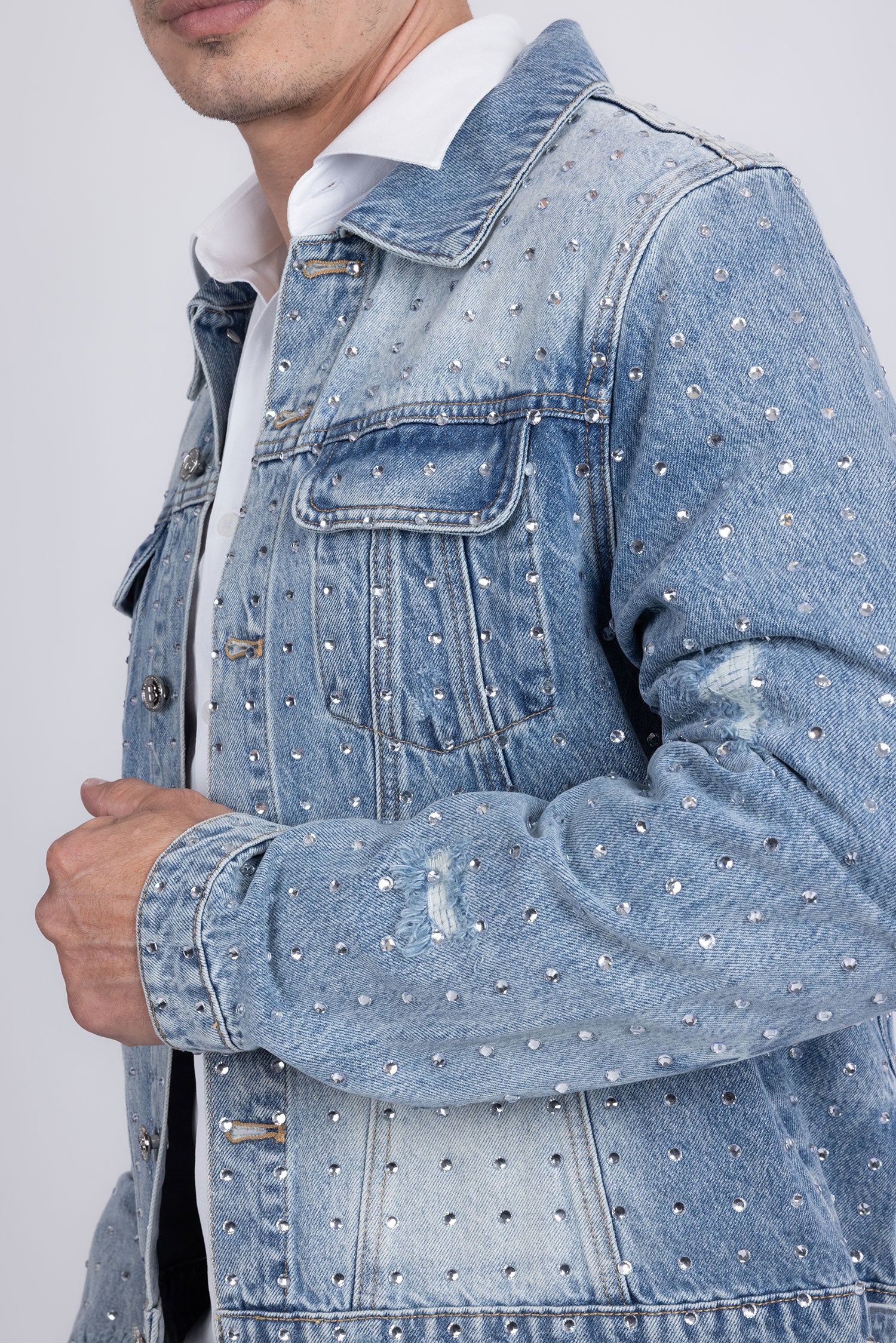 Barabas Men's Rhinestone Denim Casual Ripped Luxury Jacket 5JVS01 Light Blue