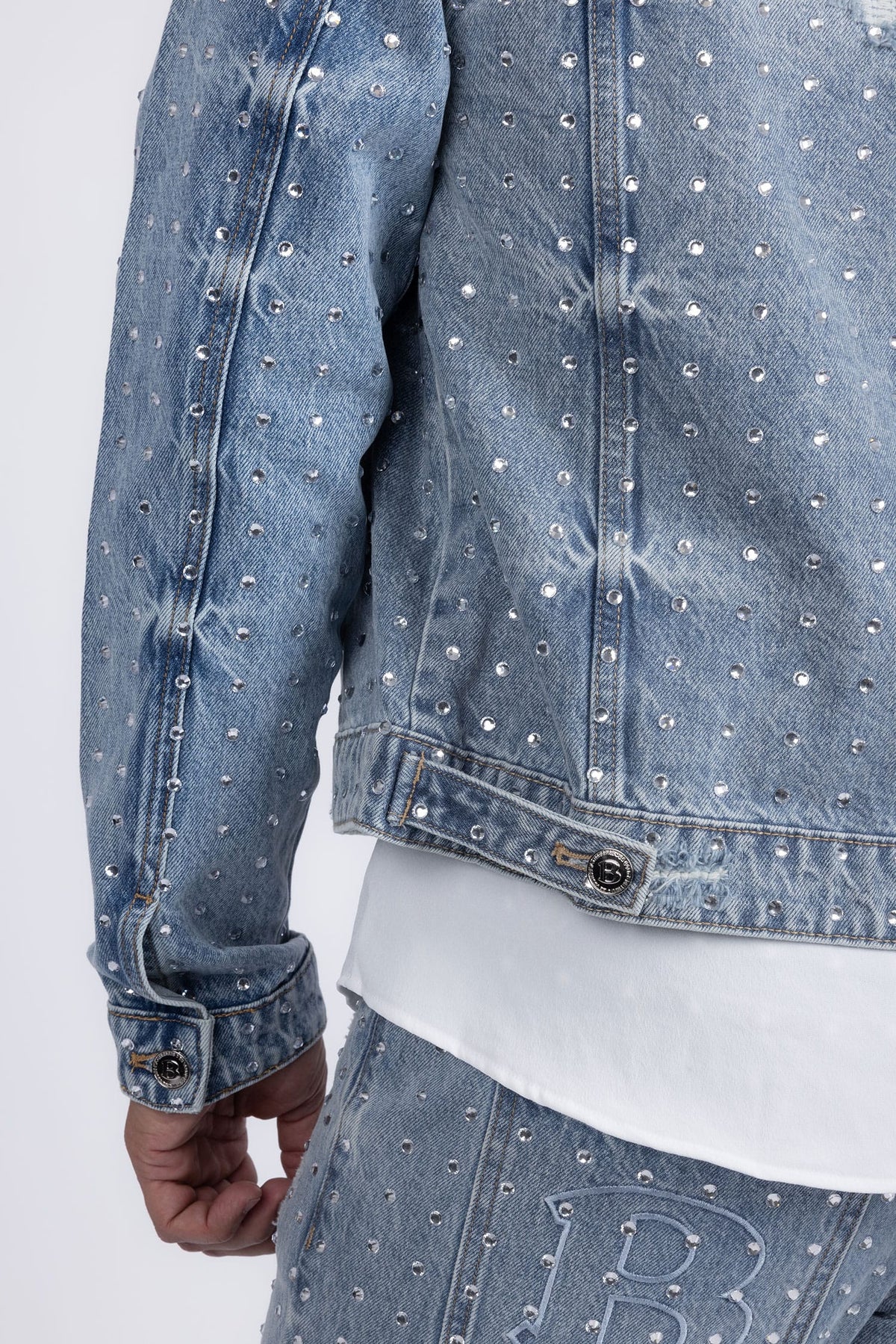Barabas Men's Rhinestone Denim Casual Ripped Luxury Jacket 5JVS01 Light Blue