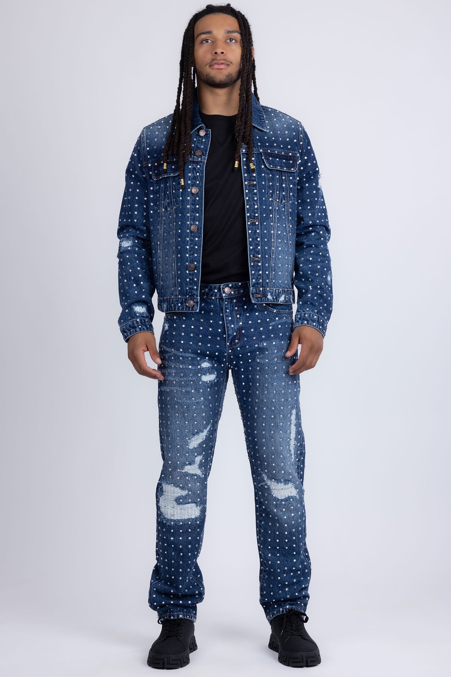 Barabas Men's Rhinestone Denim Casual Washed Jeans 5JES01 Blue