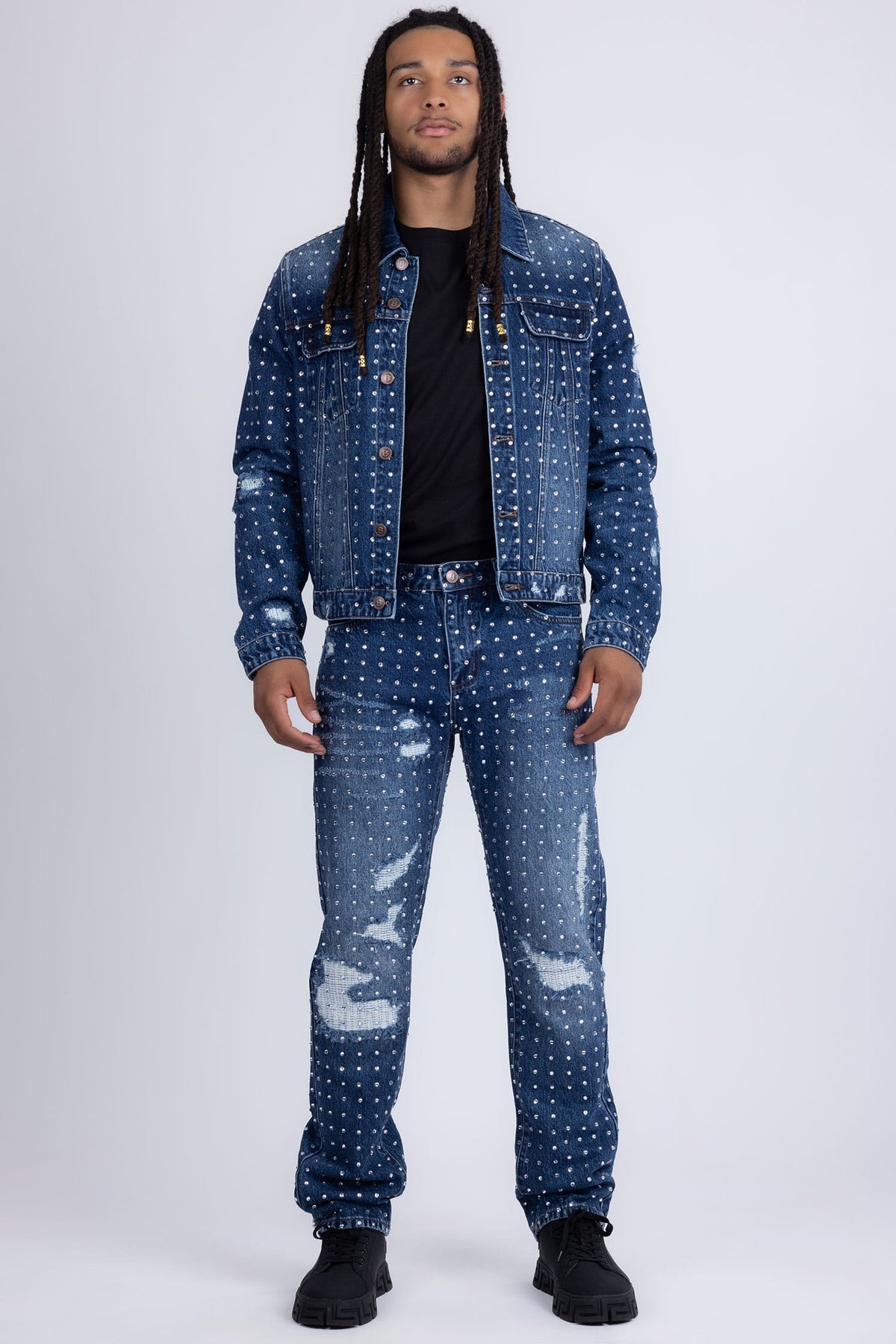 Barabas Men's Rhinestone Denim Casual Washed Jeans 5JES01 Blue