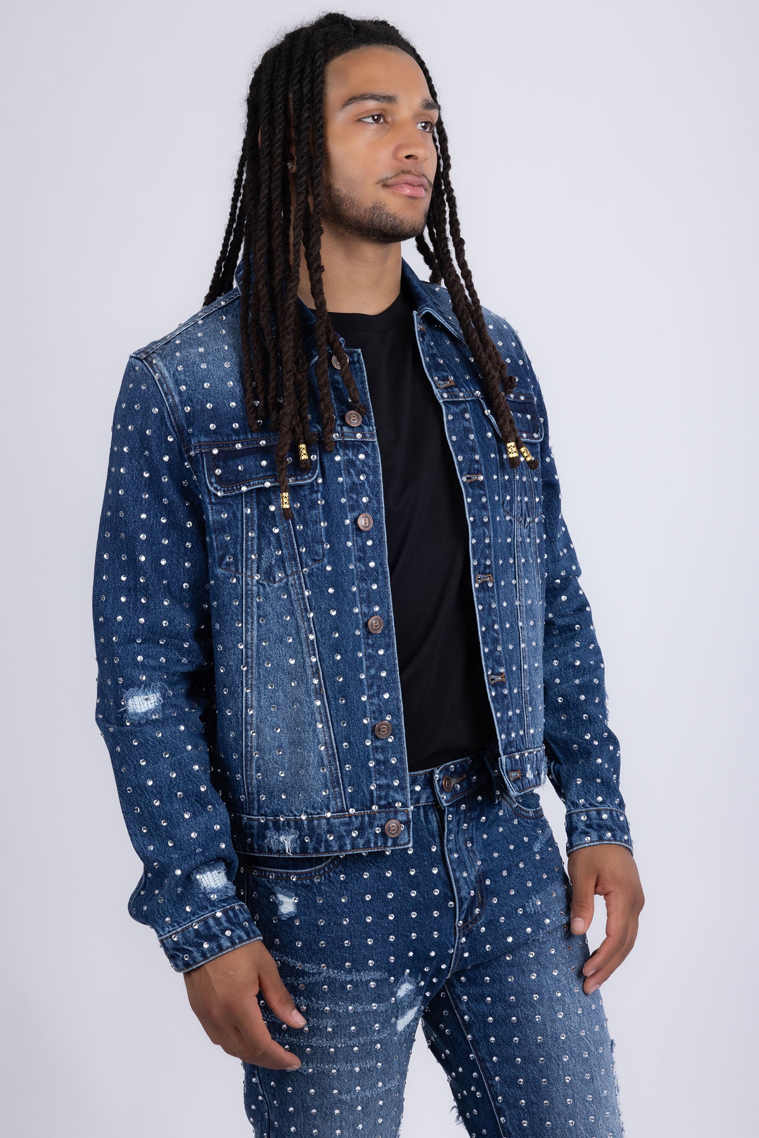 Barabas Men's Rhinestone Denim Casual Ripped Luxury Jacket 5JVS01 Dark Blue