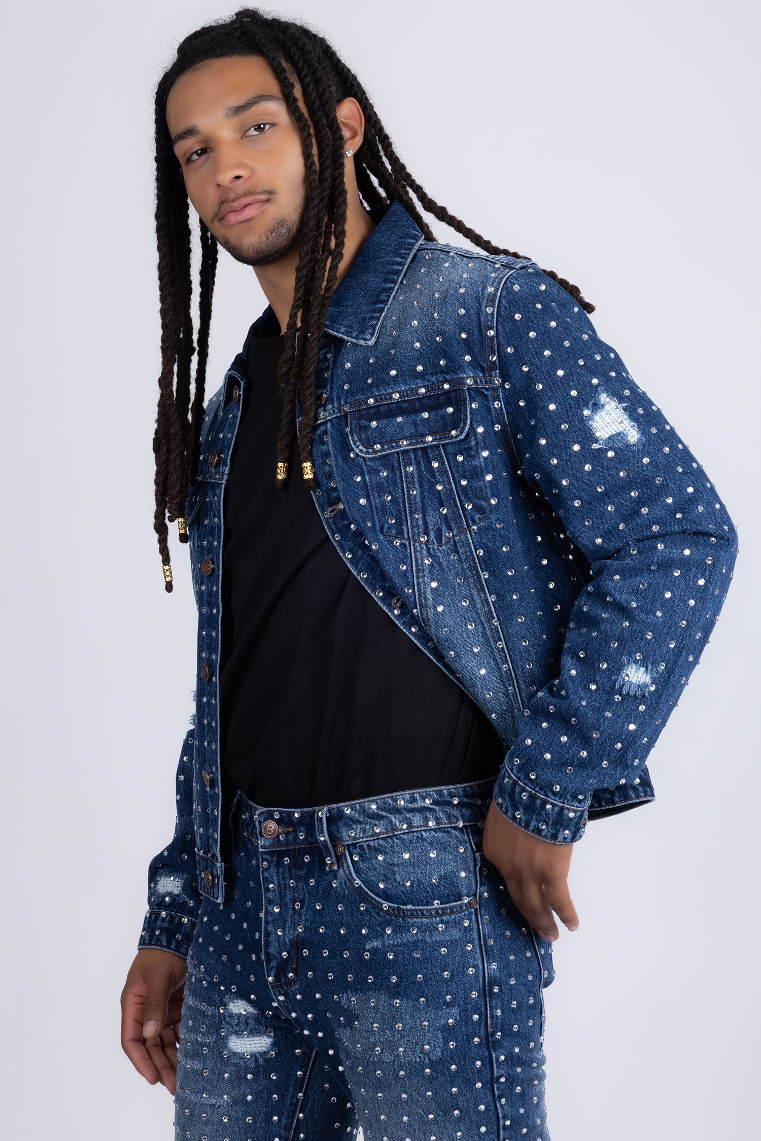 Barabas Men's Rhinestone Denim Casual Ripped Luxury Jacket 5JVS01 Dark Blue