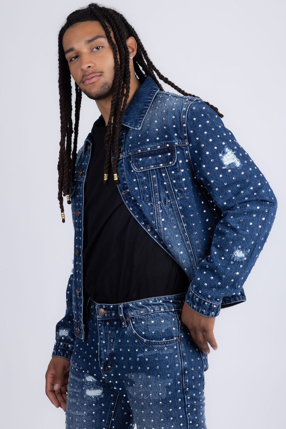 Barabas Men's Rhinestone Denim Casual Ripped Luxury Jacket 5JVS01 Dark Blue