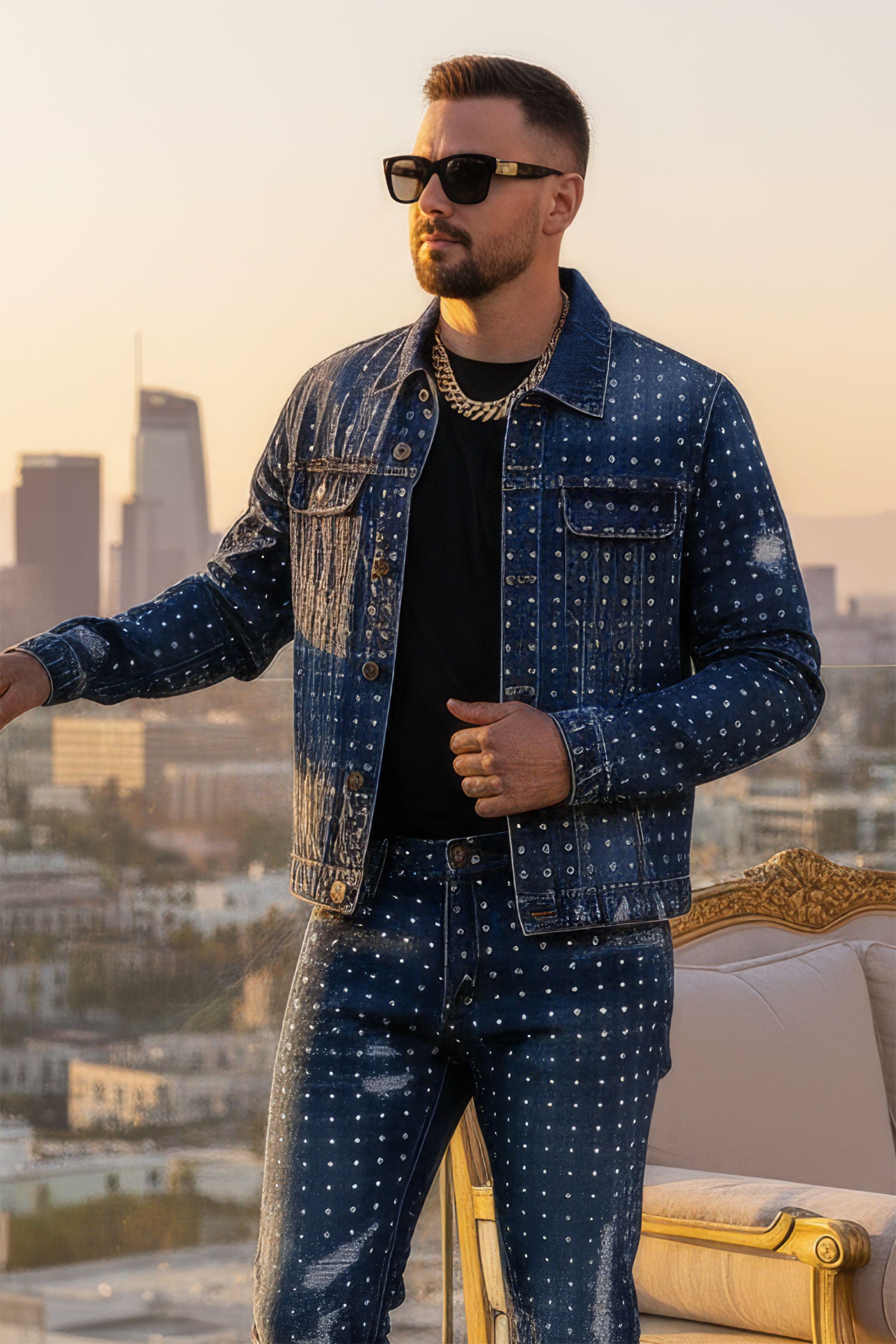 Barabas Men's Rhinestone Denim Casual Ripped Luxury Jacket 5JVS01 Dark Blue