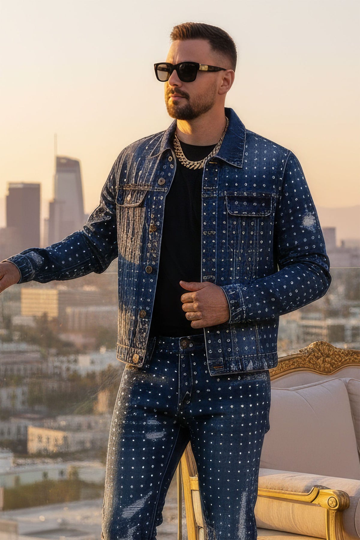 Barabas Men's Rhinestone Denim Casual Ripped Luxury Jacket 5JVS01 Dark Blue
