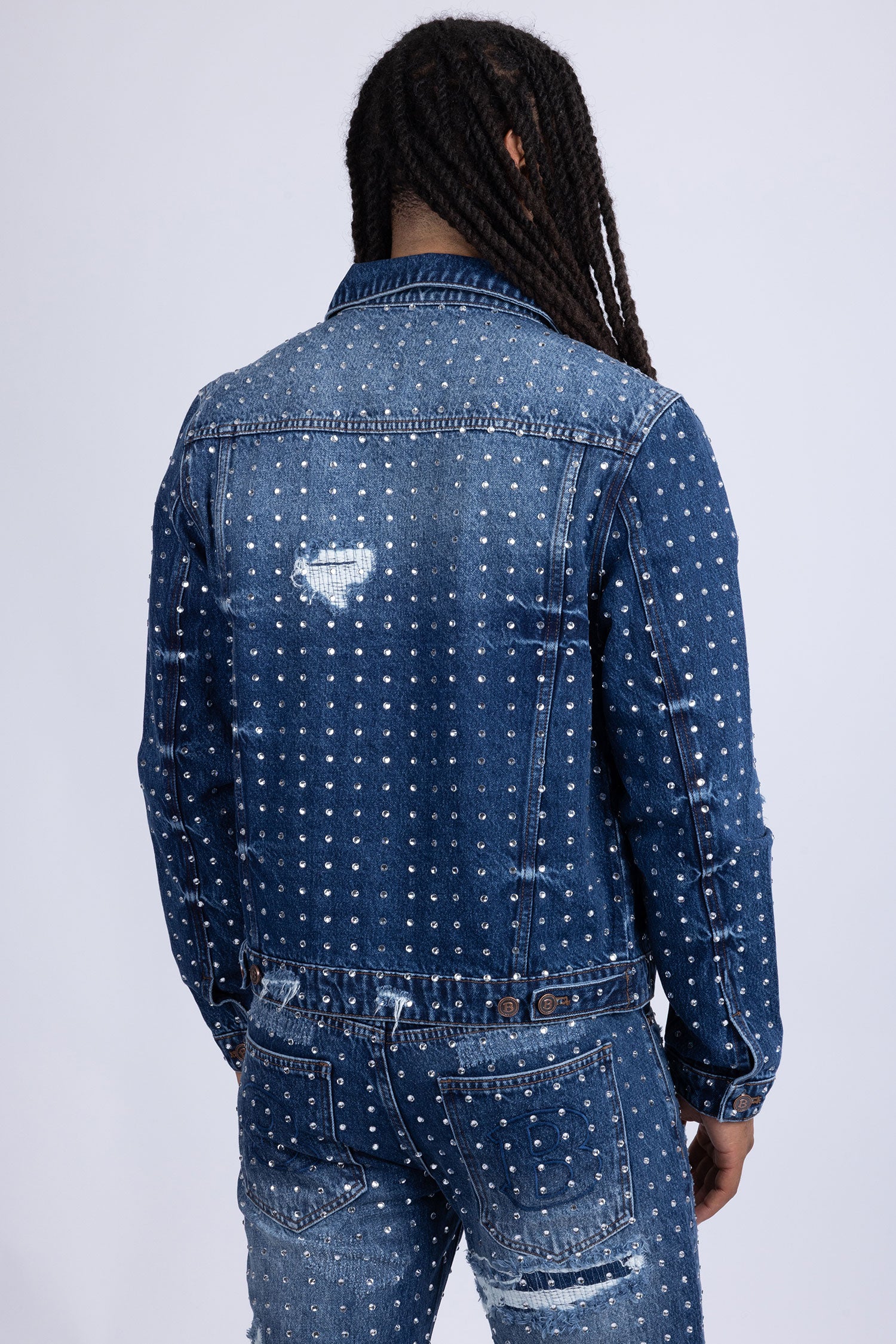 Barabas Men's Rhinestone Denim Casual Ripped Luxury Jacket 5JVS01 Dark Blue