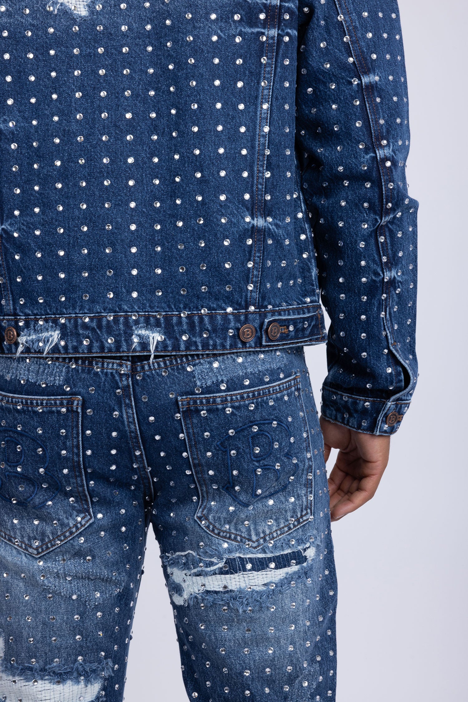 Barabas Men's Rhinestone Denim Casual Ripped Luxury Jacket 5JVS01 Dark Blue