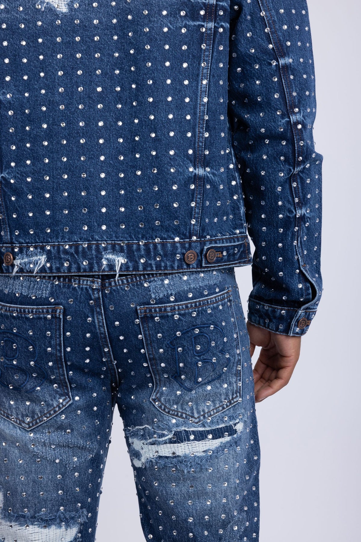 Barabas Men's Rhinestone Denim Casual Ripped Luxury Jacket 5JVS01 Dark Blue
