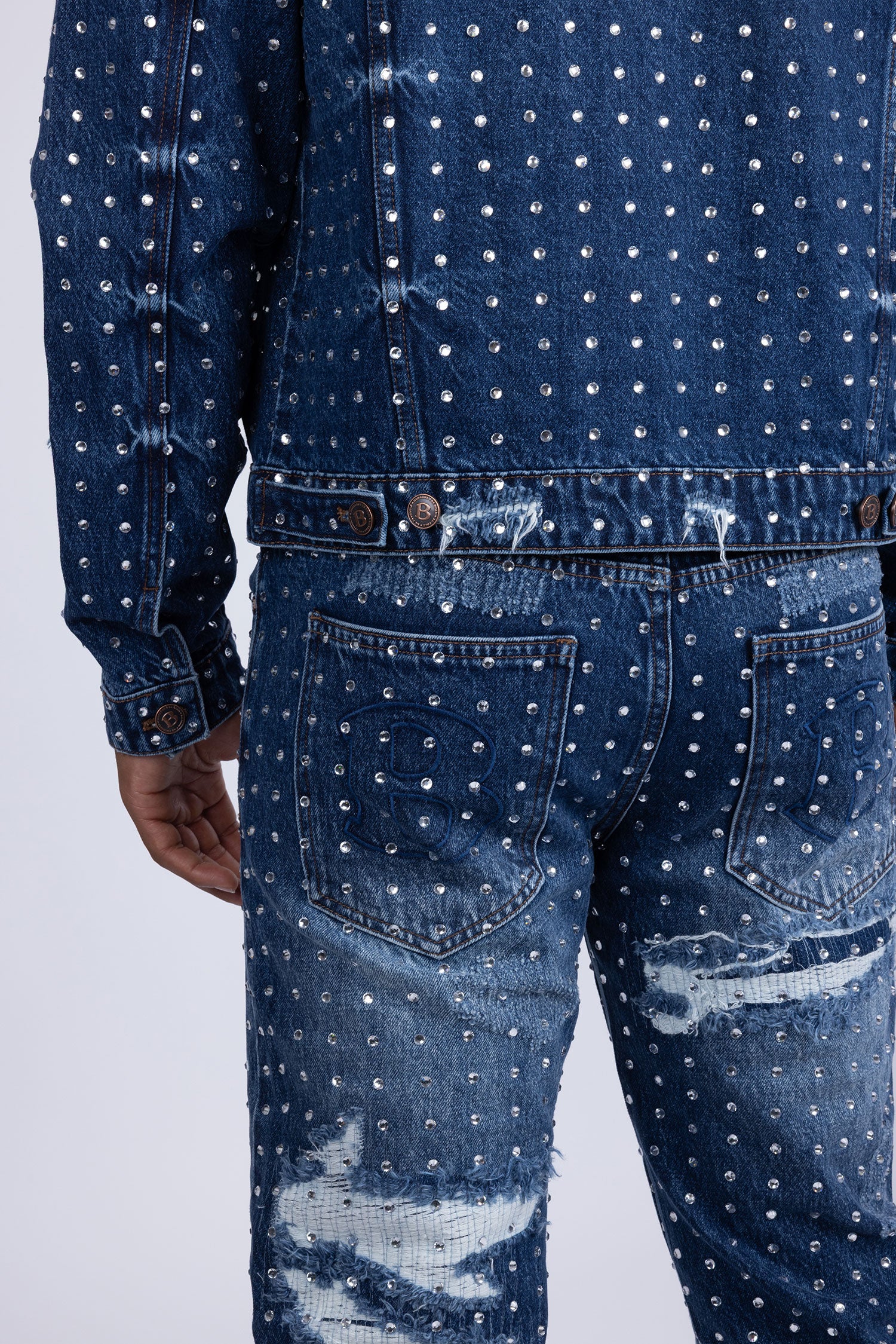 Barabas Men's Rhinestone Denim Casual Ripped Luxury Jacket 5JVS01 Dark Blue