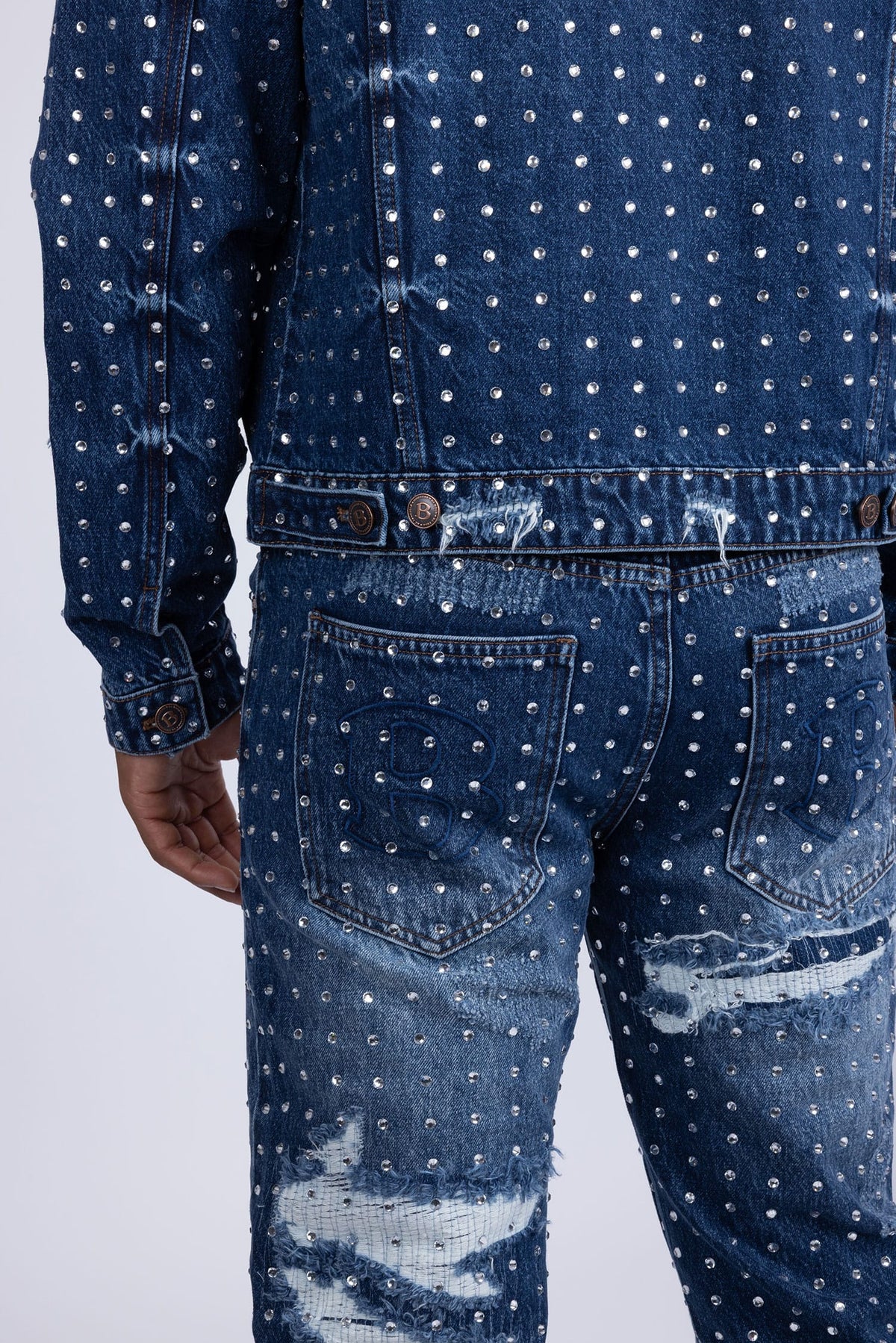 Barabas Men's Rhinestone Denim Casual Ripped Luxury Jacket 5JVS01 Dark Blue