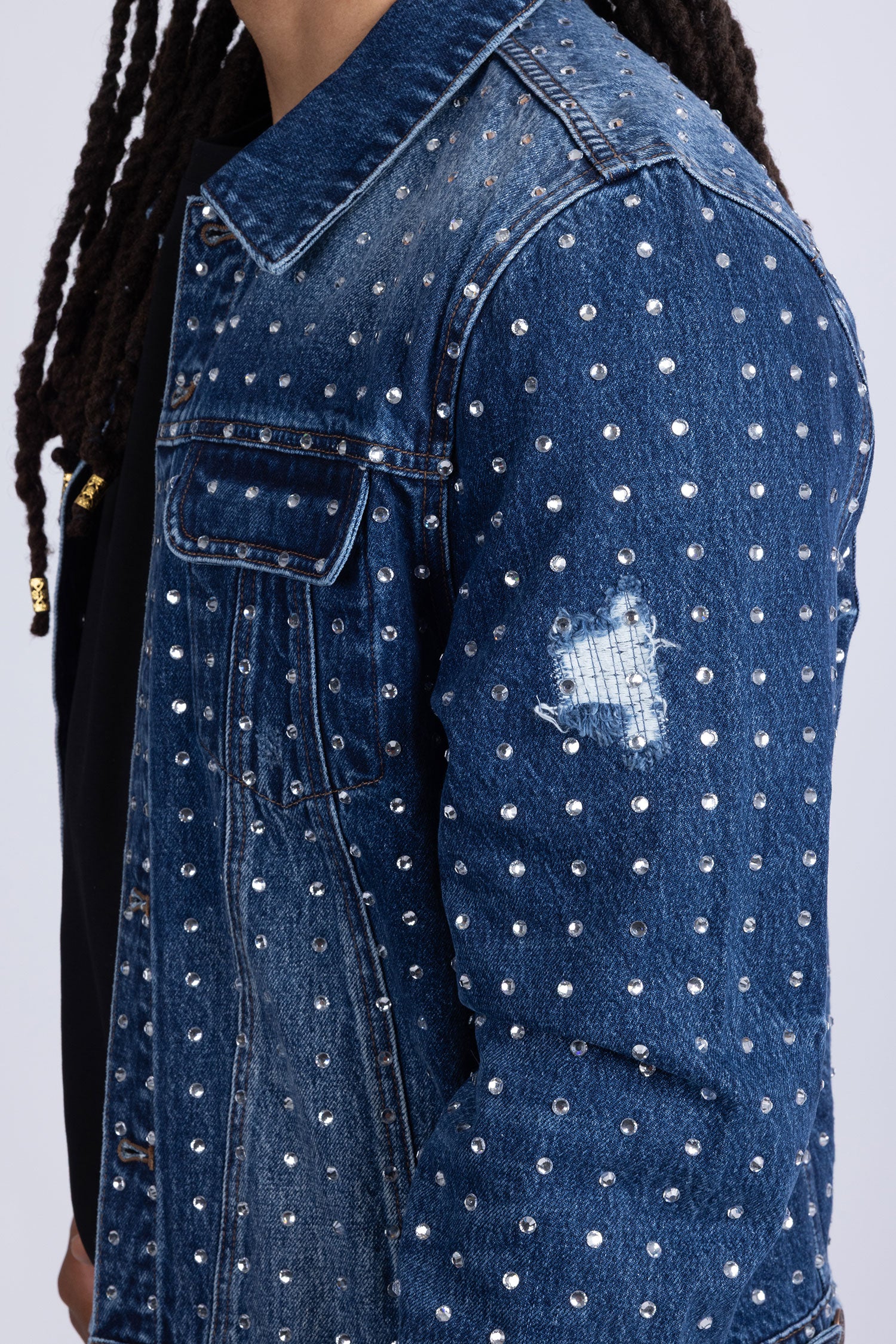 Barabas Men's Rhinestone Denim Casual Ripped Luxury Jacket 5JVS01 Dark Blue