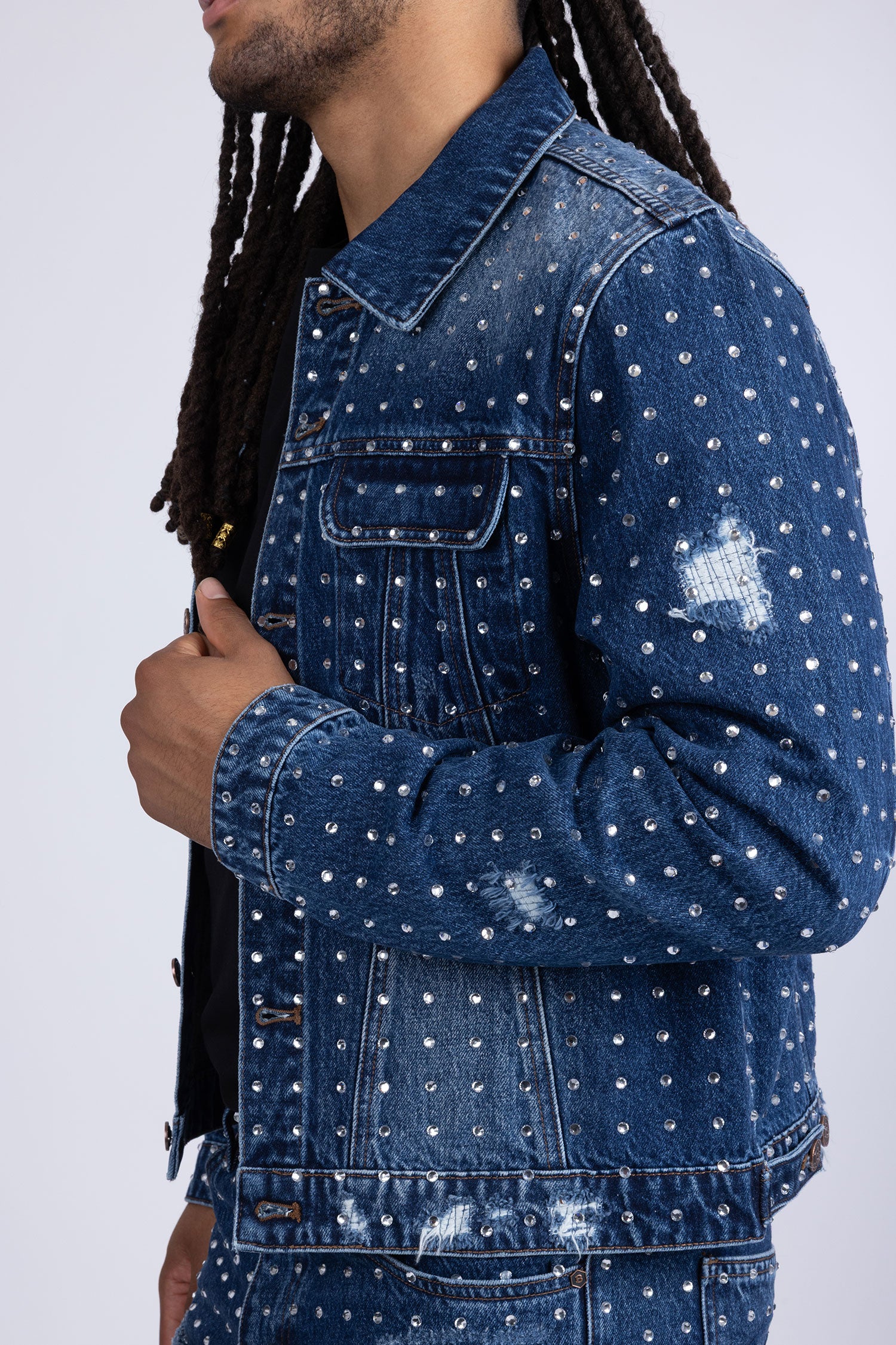 Barabas Men's Rhinestone Denim Casual Ripped Luxury Jacket 5JVS01 Dark Blue