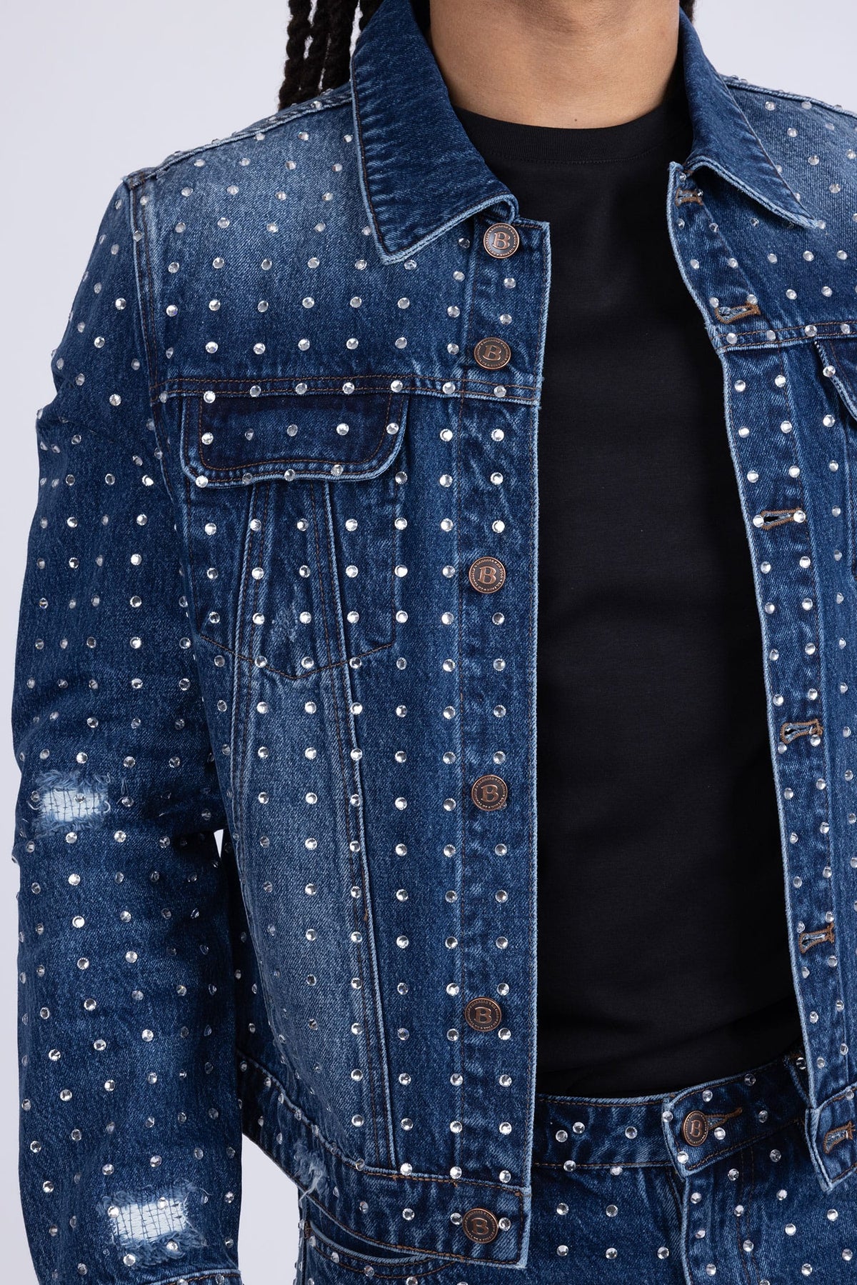 Barabas Men's Rhinestone Denim Casual Ripped Luxury Jacket 5JVS01 Dark Blue
