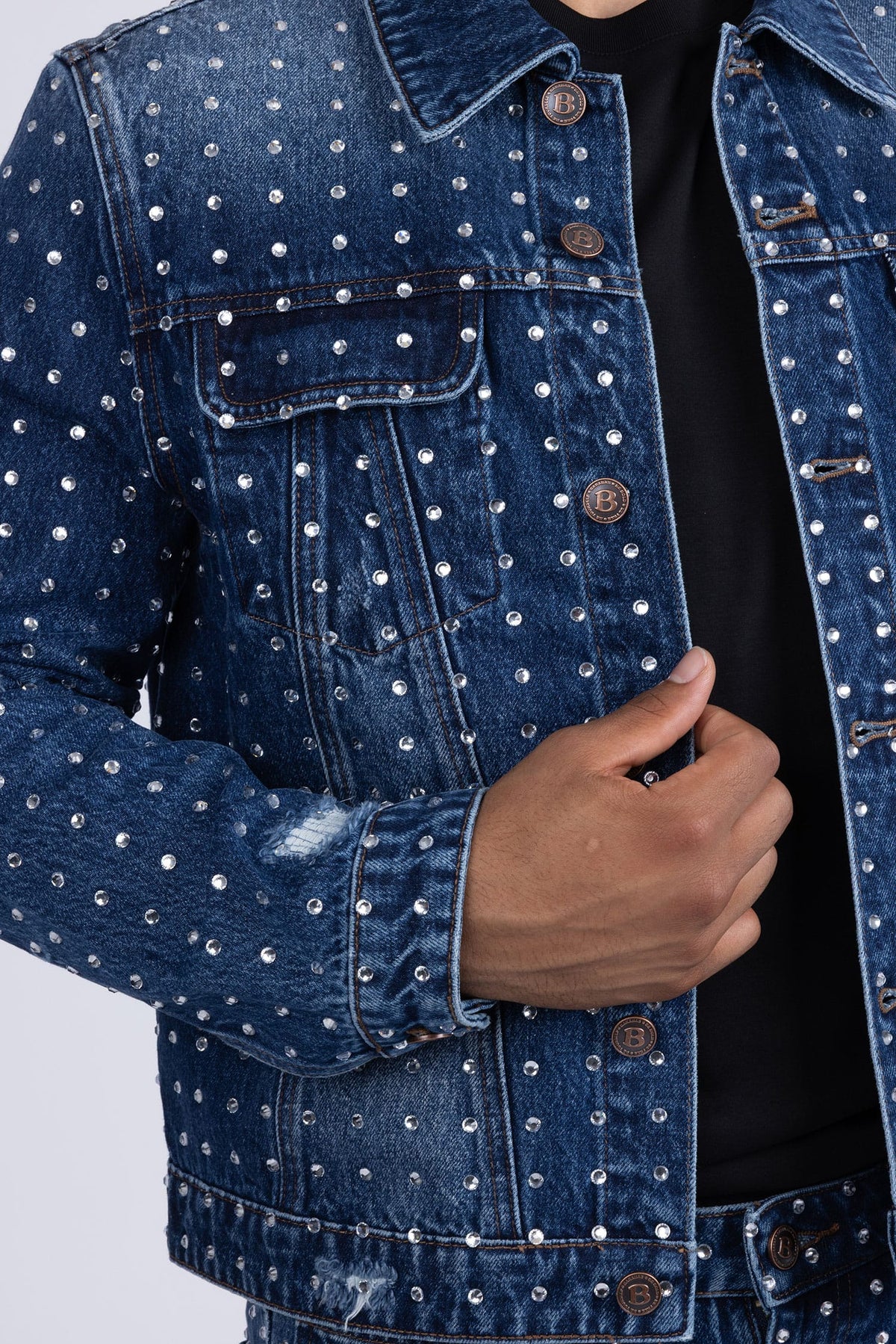 Barabas Men's Rhinestone Denim Casual Ripped Luxury Jacket 5JVS01 Dark Blue