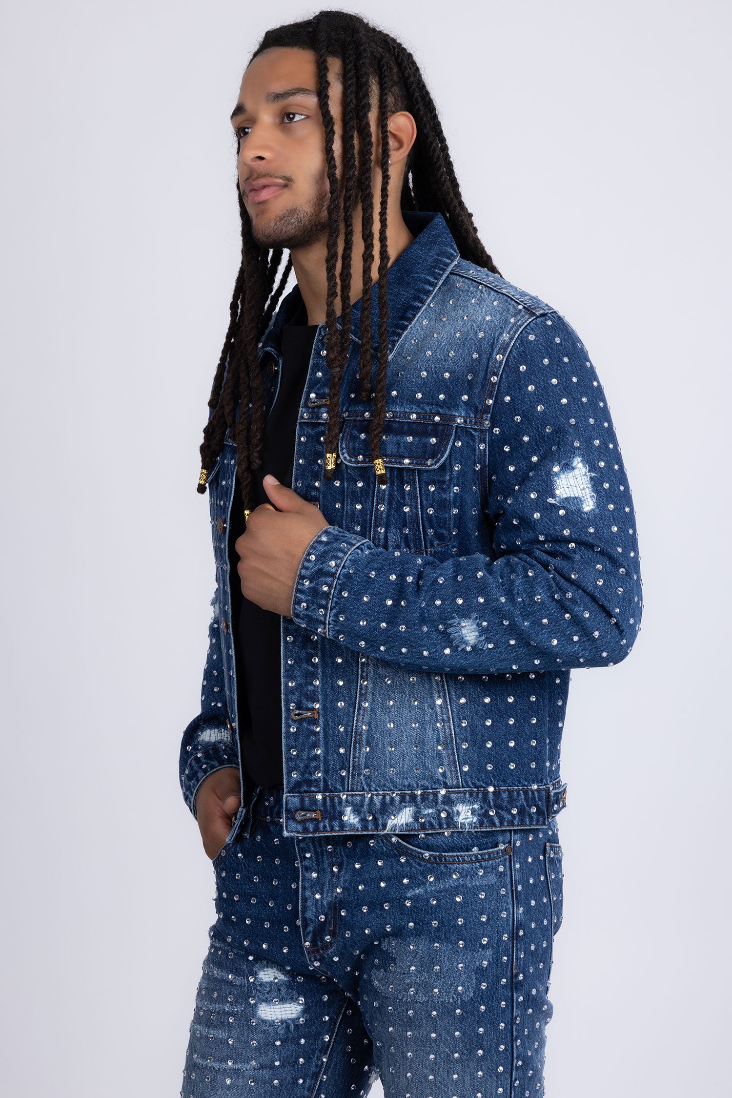 Barabas Men's Rhinestone Denim Casual Ripped Luxury Jacket 5JVS01 Dark Blue