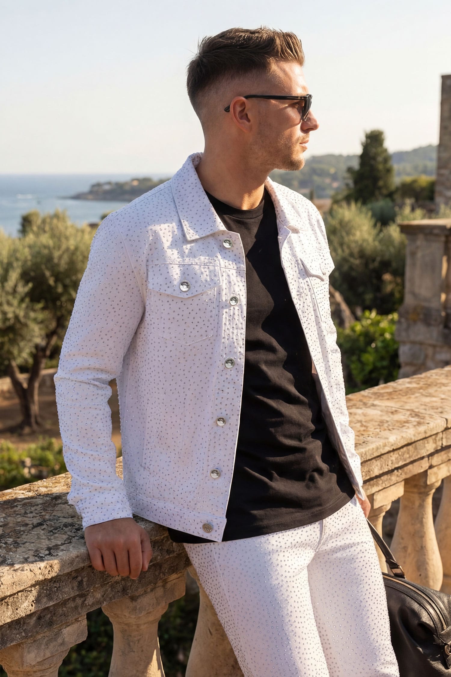 Barabas Men's Rhinestone Denim Casual Luxury Jacket 5JVS03 White Silver