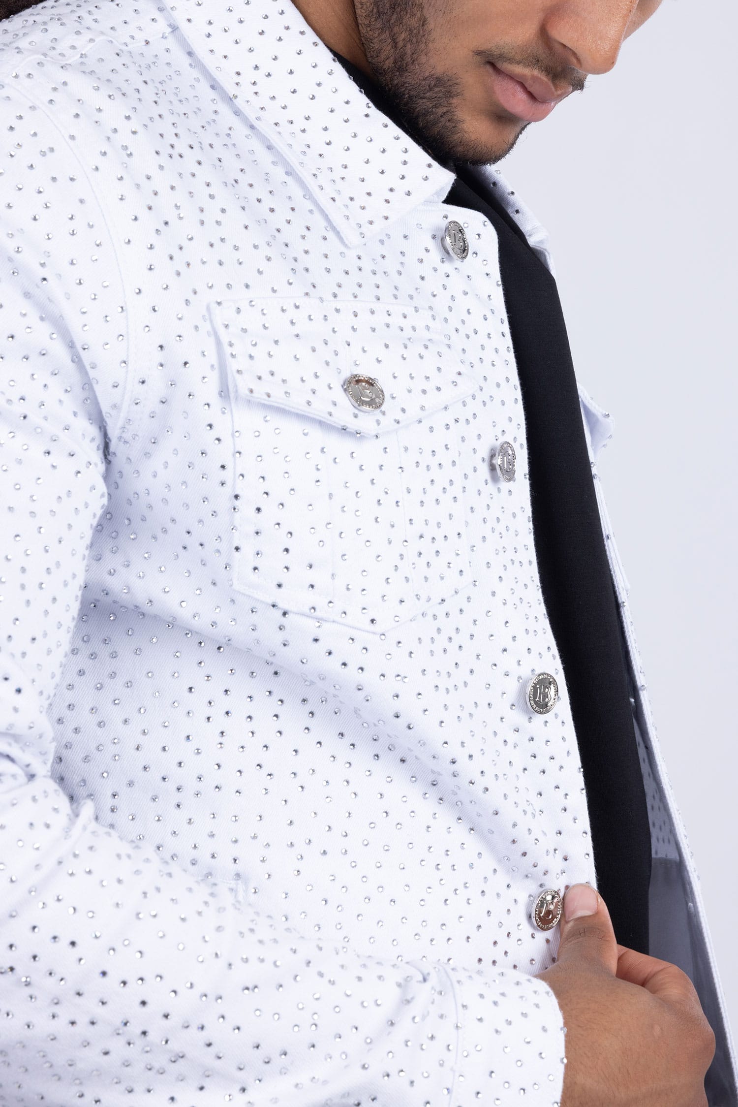 Barabas Men's Rhinestone Denim Casual Luxury Jacket 5JVS03 White Silver