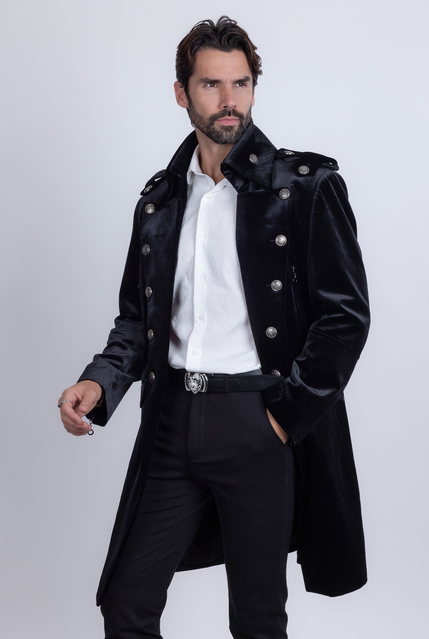 Barabas Men's Solid Color Velvet Antique Buttons Long Blazer 5LBL01 Black