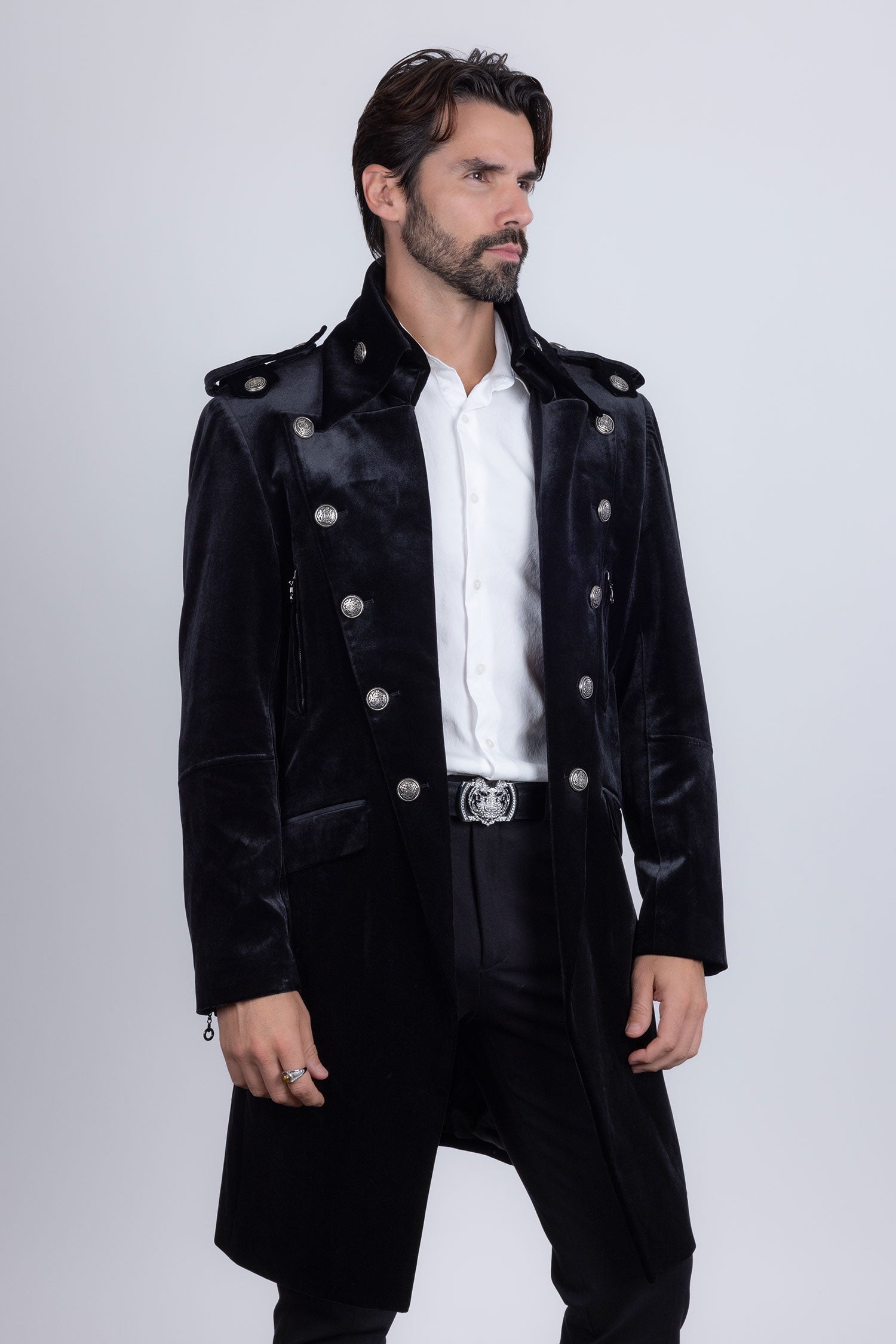 Barabas Men's Solid Color Velvet Antique Buttons Long Blazer 5LBL01 Black