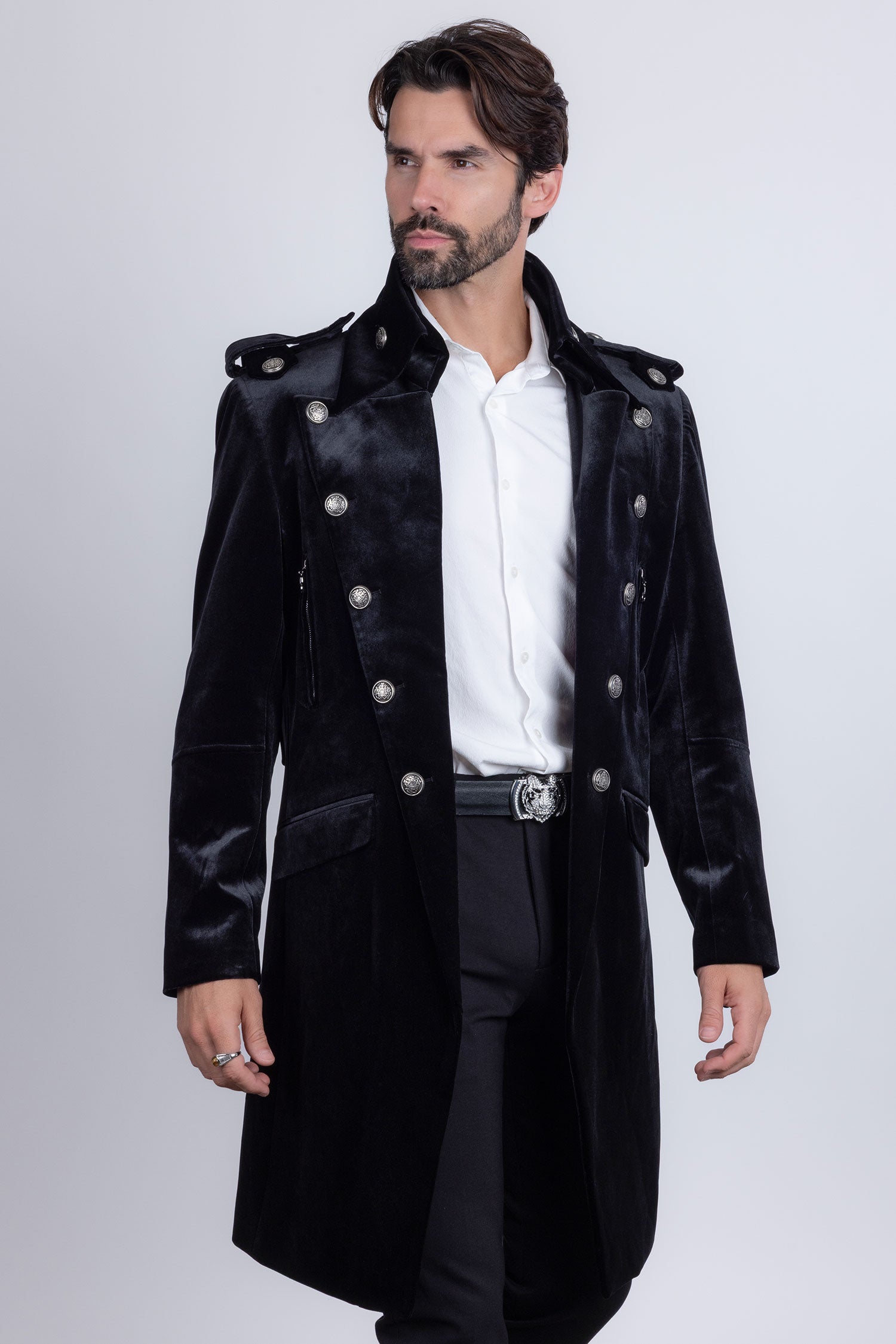 Barabas Men's Solid Color Velvet Antique Buttons Long Blazer 5LBL01 Black