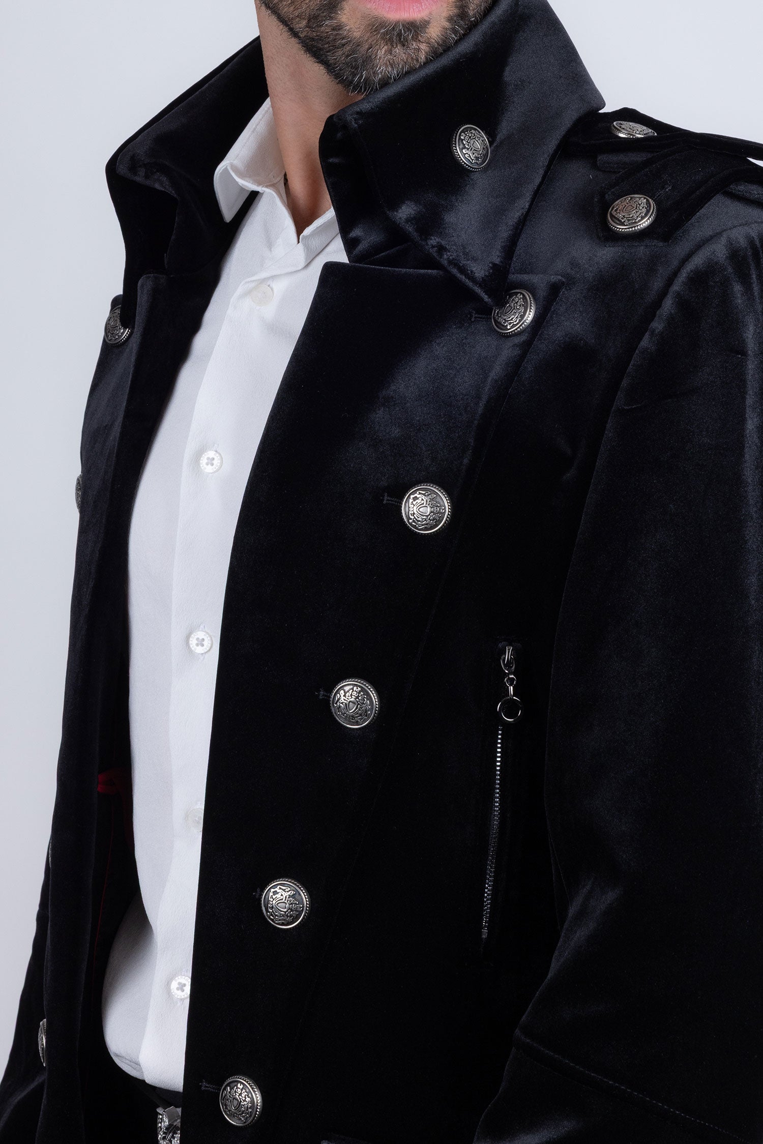 Barabas Men's Solid Color Velvet Antique Buttons Long Blazer 5LBL01 Black