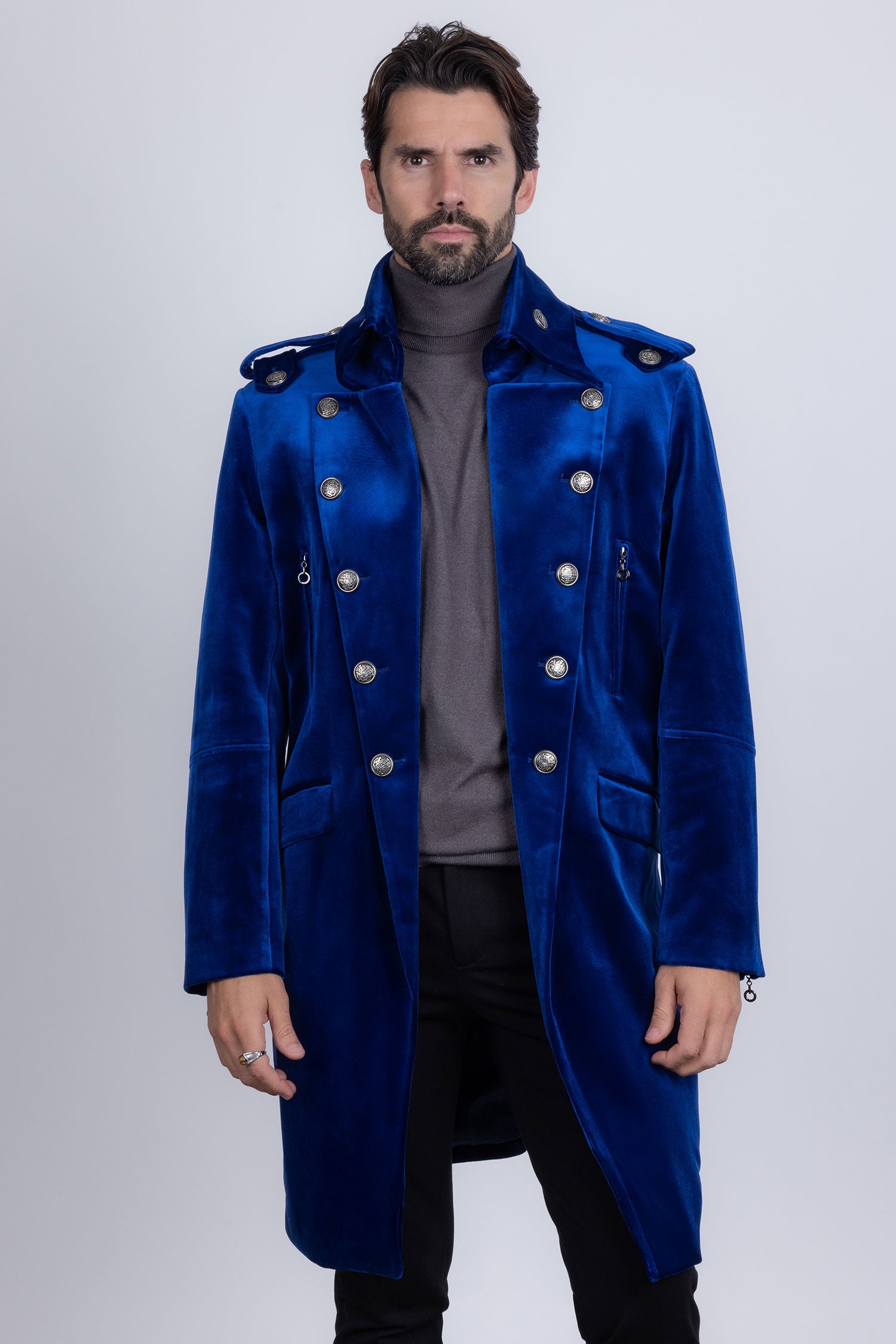Barabas Men's Solid Color Velvet Antique Buttons Long Blazer 5LBL01 Blue