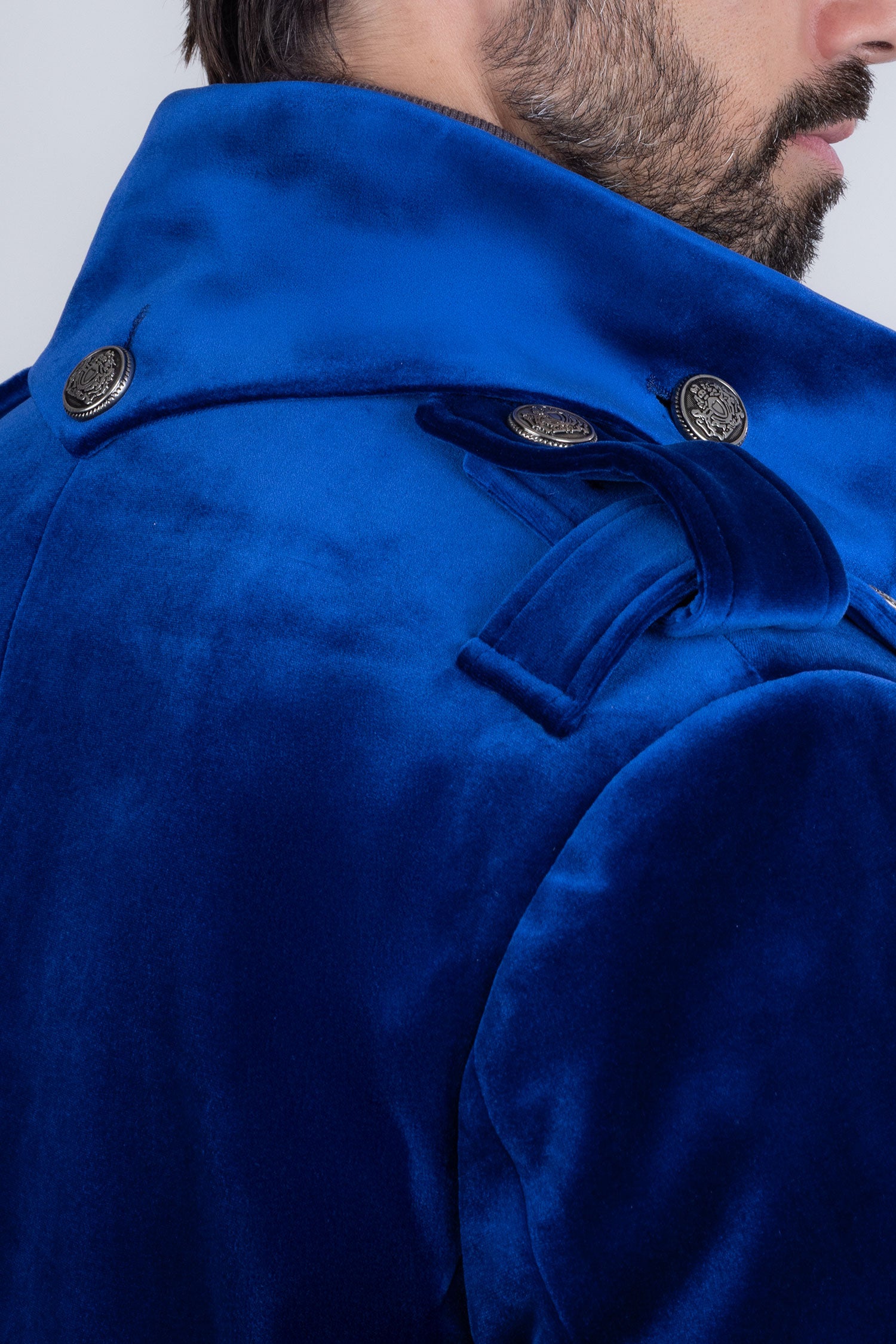 Barabas Men's Solid Color Velvet Antique Buttons Long Blazer 5LBL01 Blue