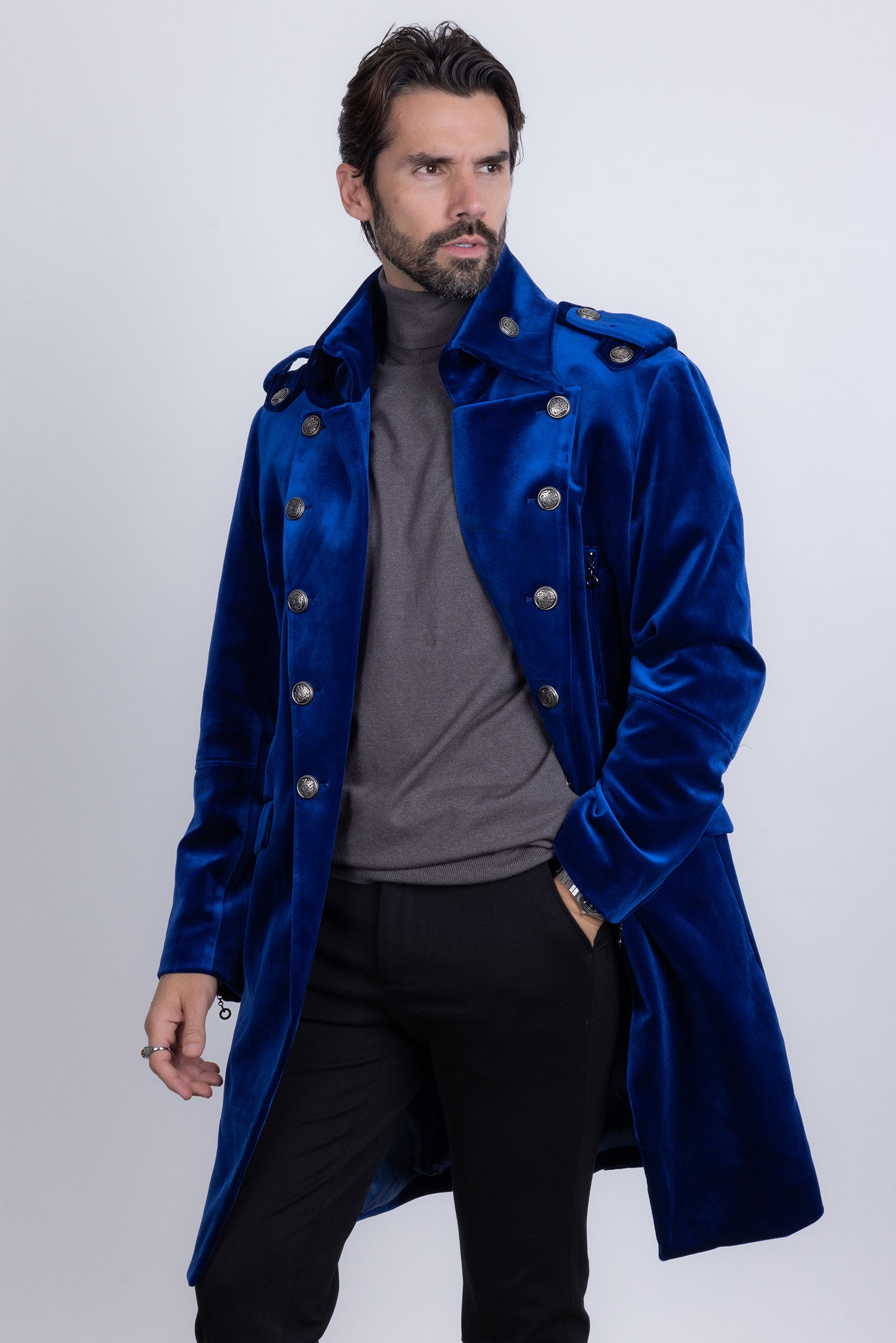 Barabas Men's Solid Color Velvet Antique Buttons Long Blazer 5LBL01 Blue