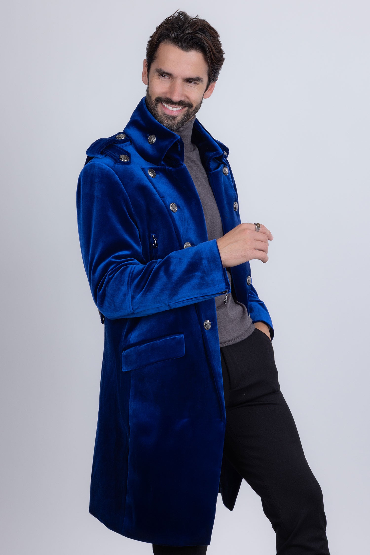 Barabas Men's Solid Color Velvet Antique Buttons Long Blazer 5LBL01 Sapphire