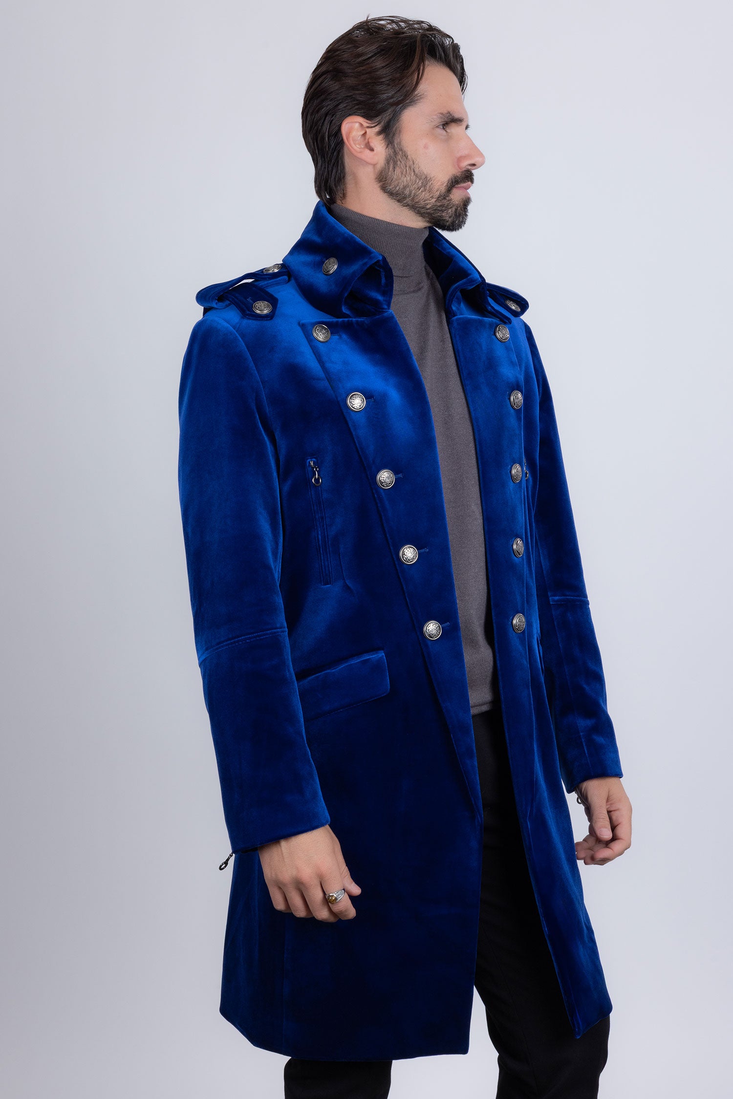 Barabas Men's Solid Color Velvet Antique Buttons Long Blazer 5LBL01 Navy