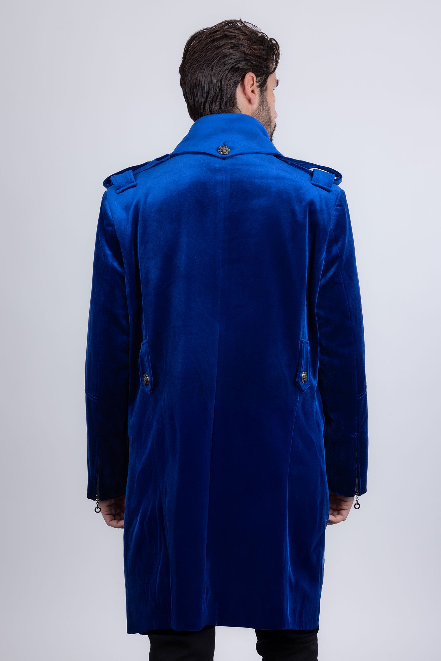 Barabas Men's Solid Color Velvet Antique Buttons Long Blazer 5LBL01 Blue