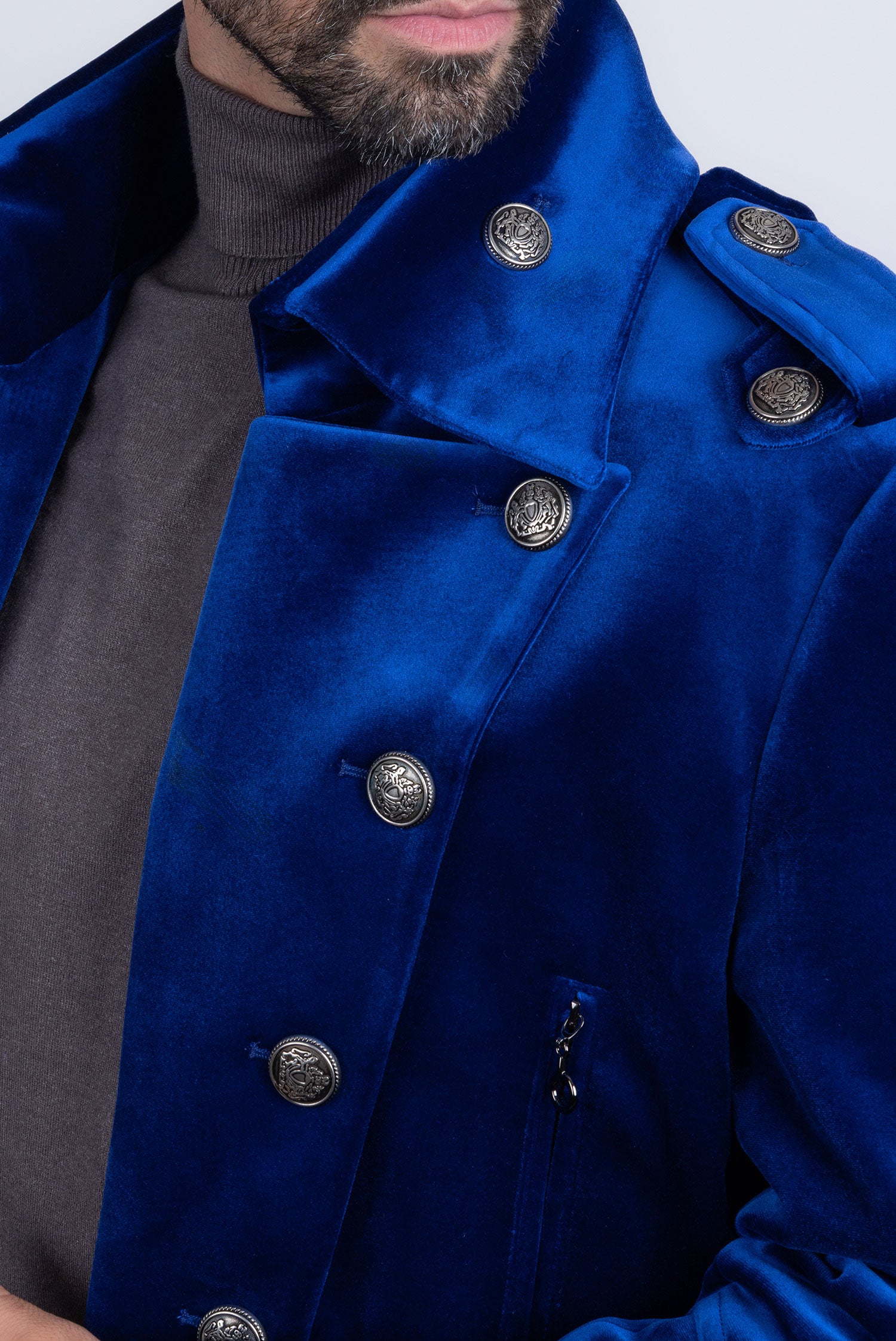 Barabas Men's Solid Color Velvet Antique Buttons Long Blazer 5LBL01 Blue